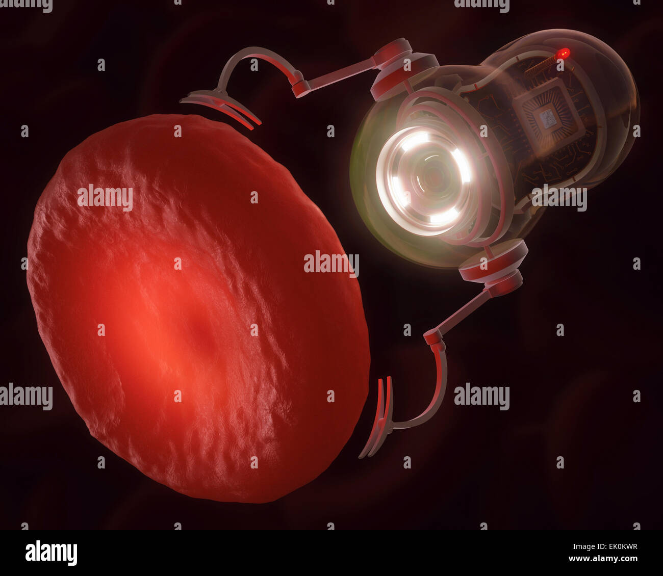 Artwork, Digital generiert, Illustration, niemand, niemand, niemand, 3d, 3-dimensional, dreidimensional, Biologie, biologische, Blut, roten Blutkörperchen, Nanobot, Nanoroboter, Immunsystem, Gesundheit, Technologie, technische Stockfoto