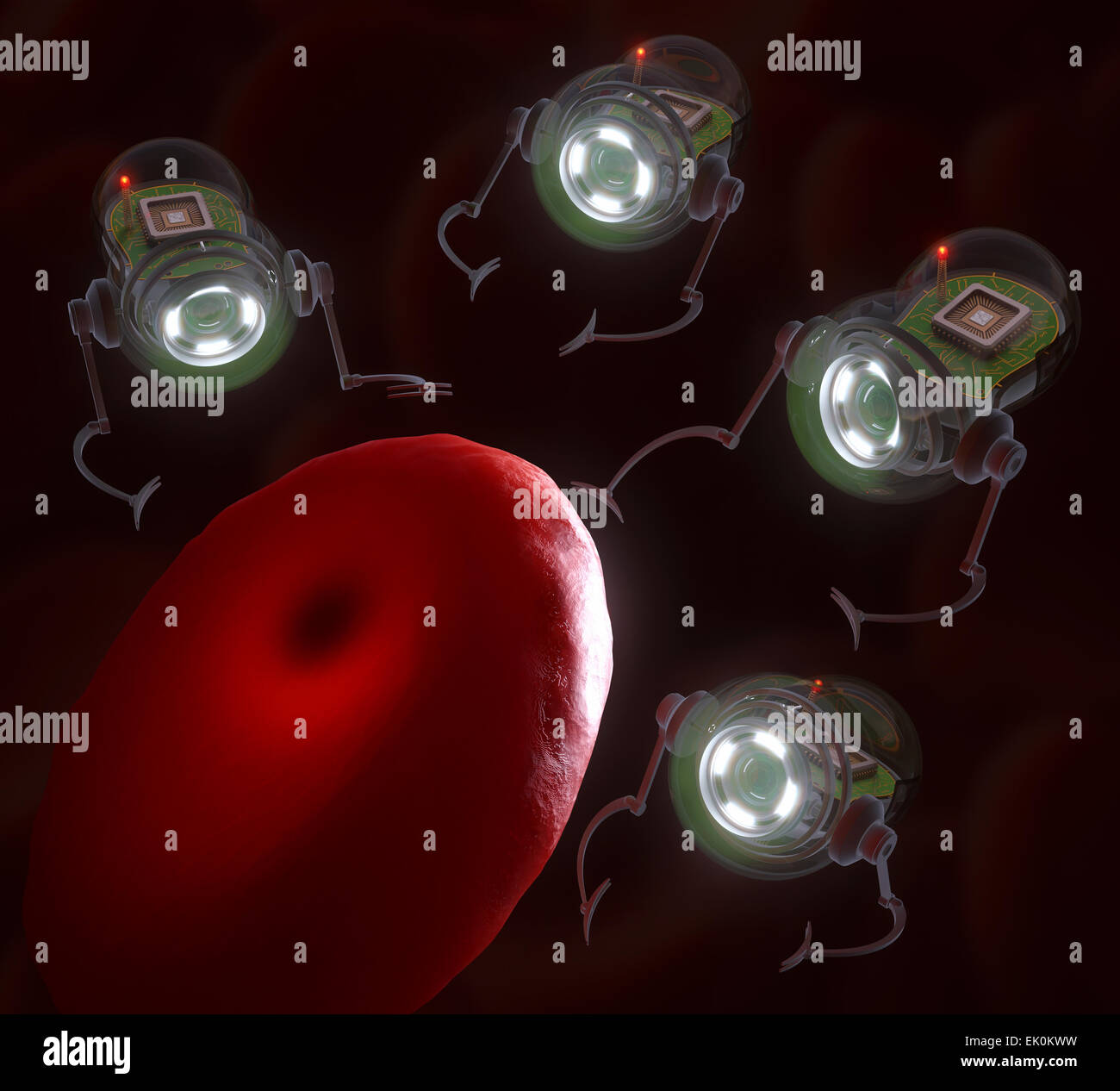 Artwork, Digital generiert, Illustration, niemand, niemand, niemand, 3d, 3-dimensional, dreidimensional, Biologie, biologische, Blut, roten Blutkörperchen, Nanobots, Nanoroboter, Immunsystem, Gesundheit, Technologie, technische Stockfoto