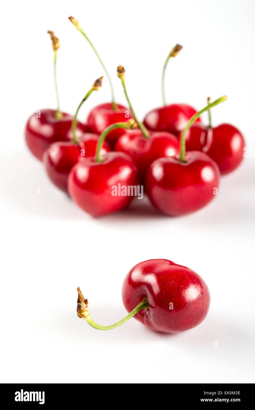 Niemand, niemand, niemand, gesundes Essen, frisch, Lebensmittel, Essen und Getränke, Produkte, Obst, Studioaufnahme, Studioaufnahmen, Stillleben, einfarbigen Hintergrund, weißen Hintergrund, mittlere Gruppe von Objekten, Kirsche, Kirschen, rot, im Vordergrund Fokus Stockfoto