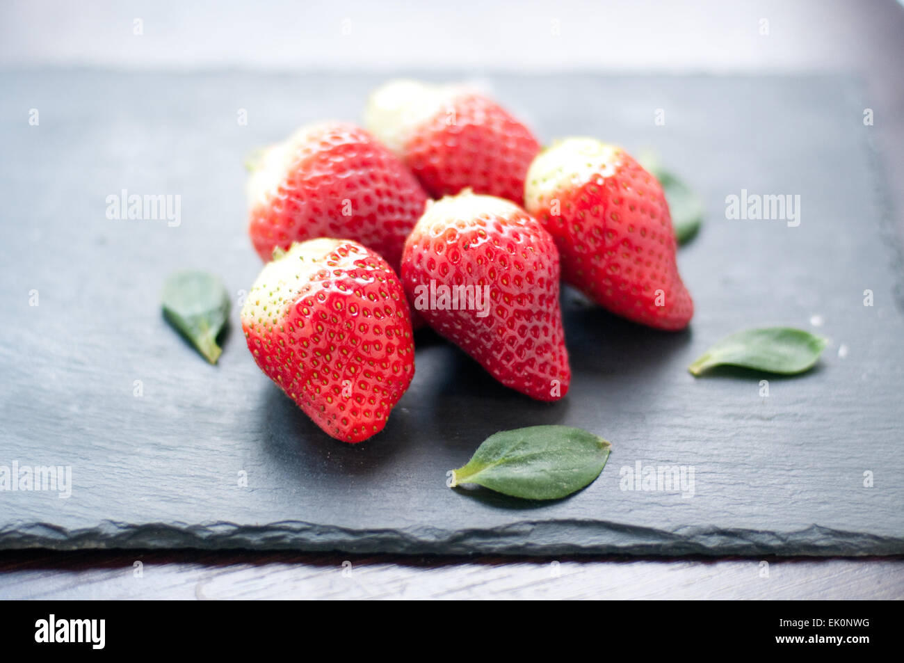 Eine Gruppe von roten leckeren frischen Erdbeeren in der Saison Stockfoto