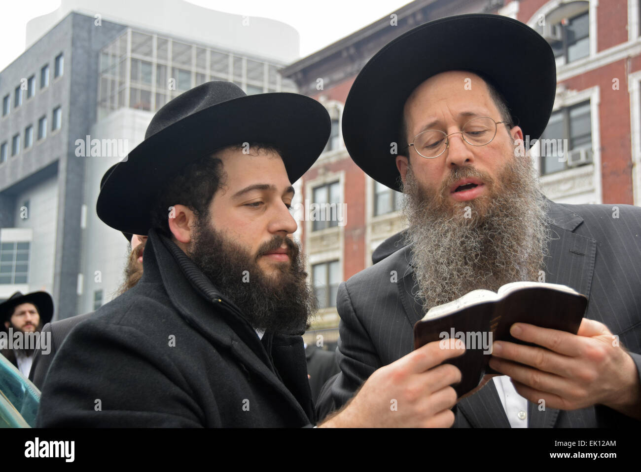 Zwei religiöse jüdische Männer beten aus eine Haggada nach dem Brennen Brot Produkte vor Pessach. In Brooklyn, New York Stockfoto