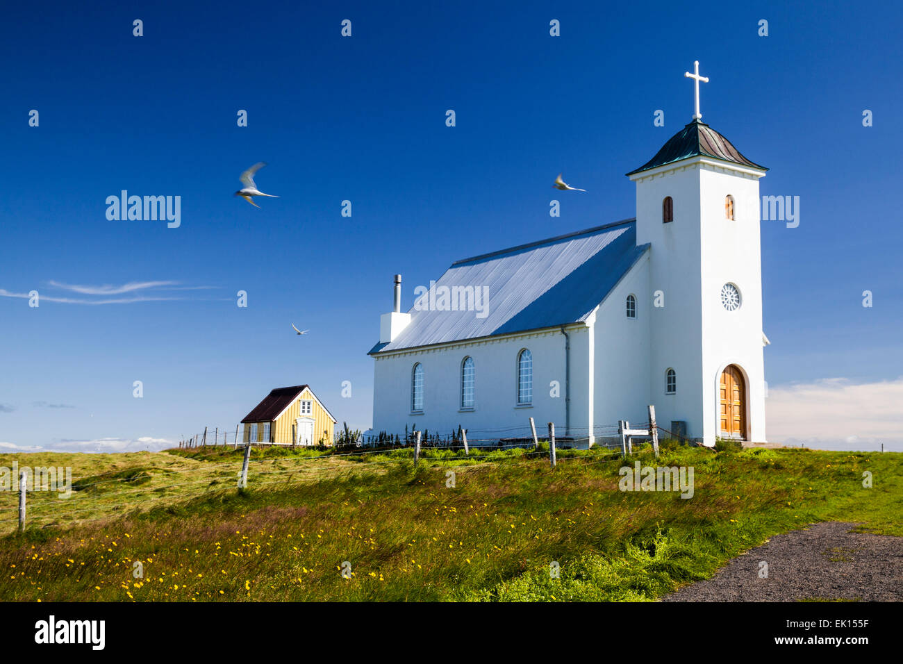 Kirche auf der Insel Flatey in Breidafjördur Island Stockfoto