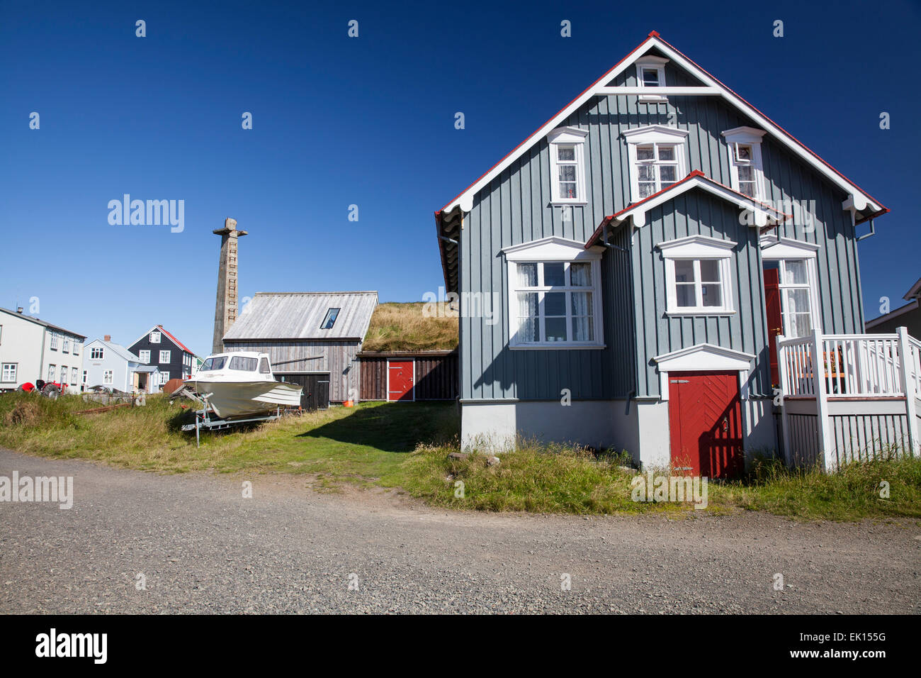 Häuser am Flatey Insel Island. Stockfoto