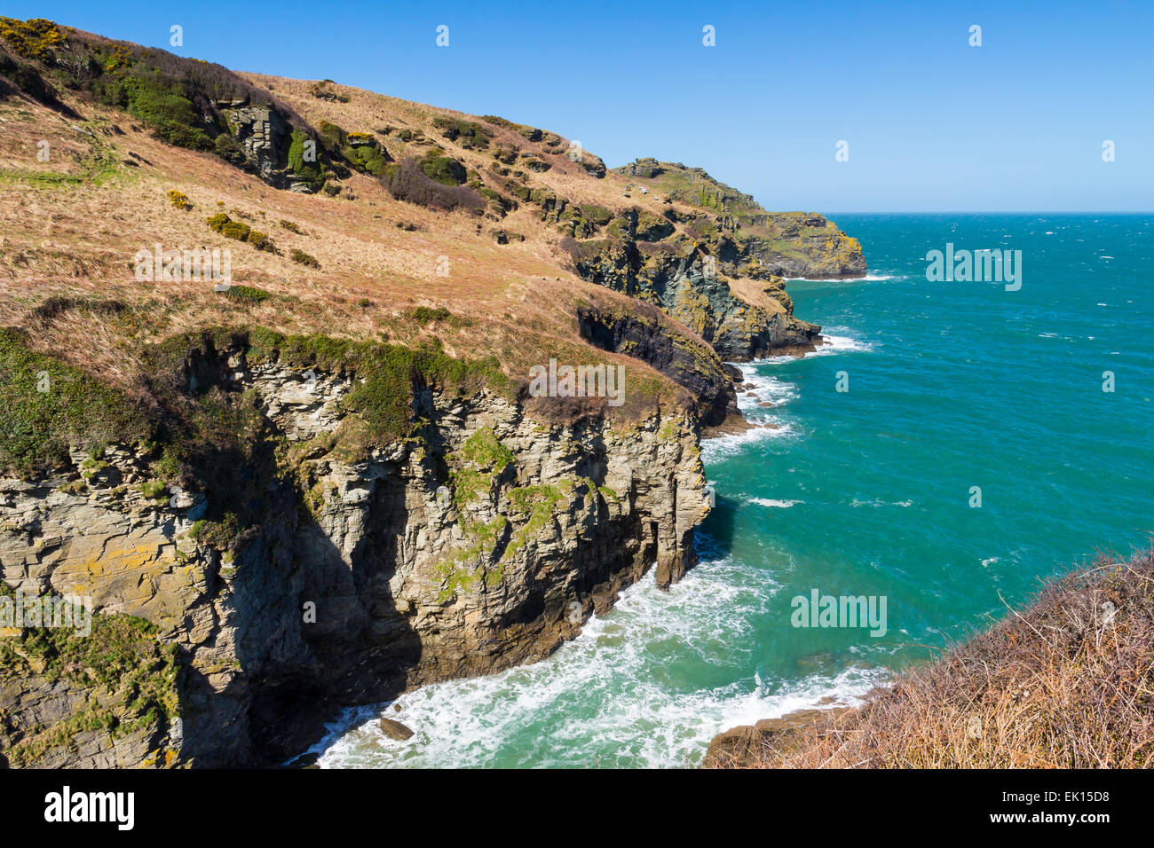 Mit Blick auf den Strand von Bossiney Cove Tintagel Cornwall England UK Europe Stockfoto