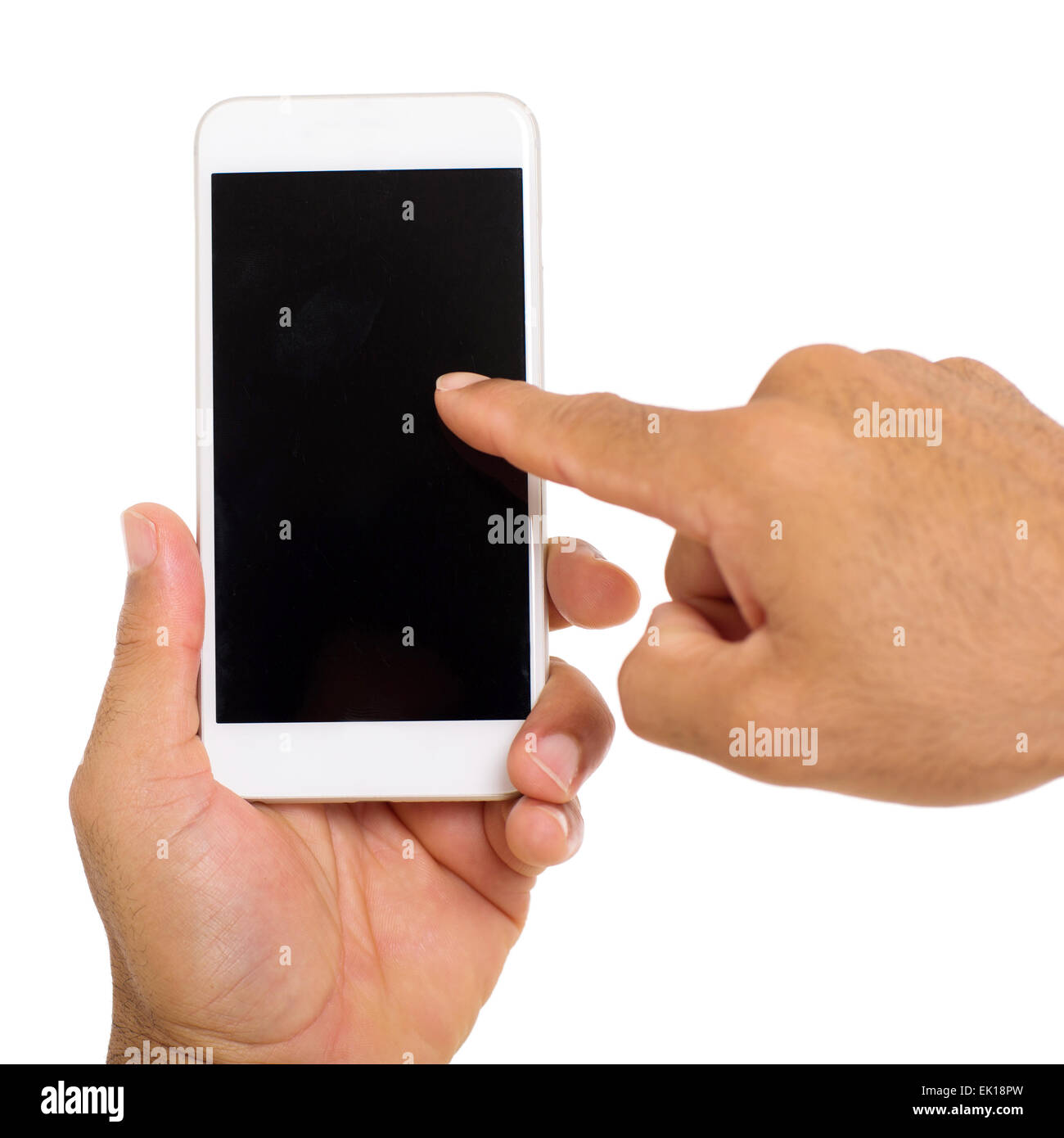 Nahaufnahme von Händen mit Handy auf weißem Hintergrund Stockfoto