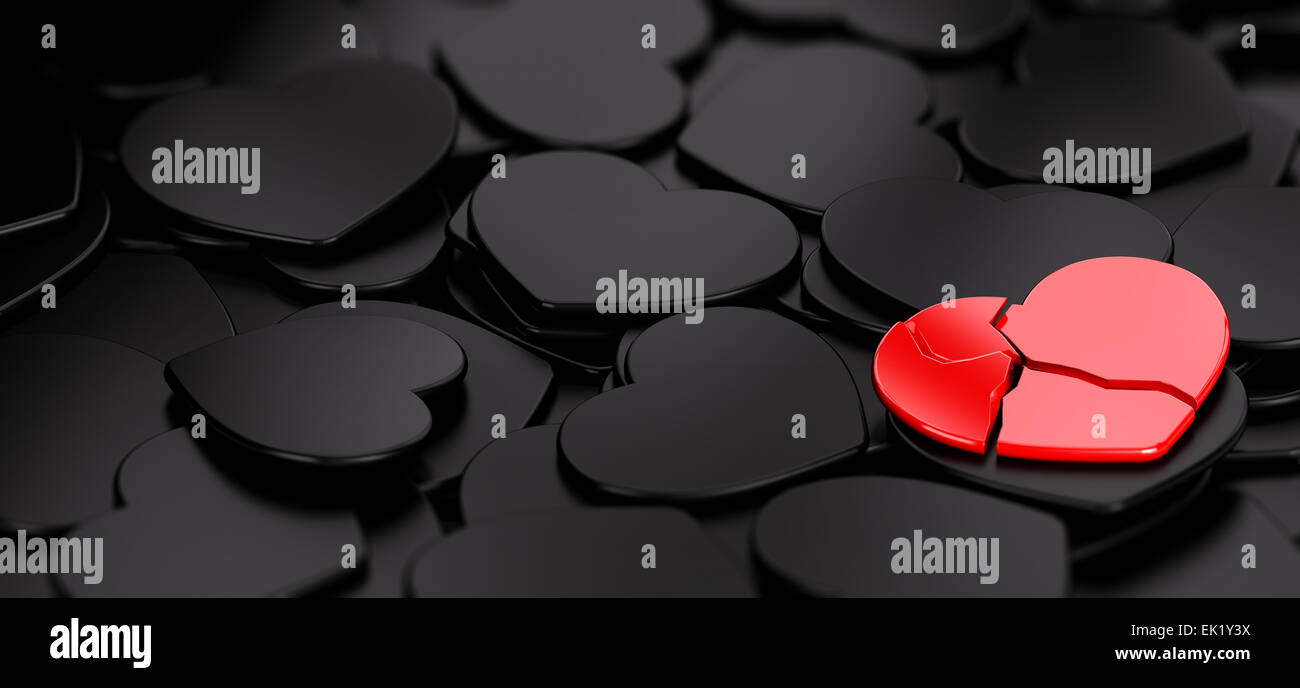 Herz gebrochen über viele schwarze Herz, Symbol für Einsamkeit, Hintergrund mit Exemplar auf der linken Seite Stockfoto