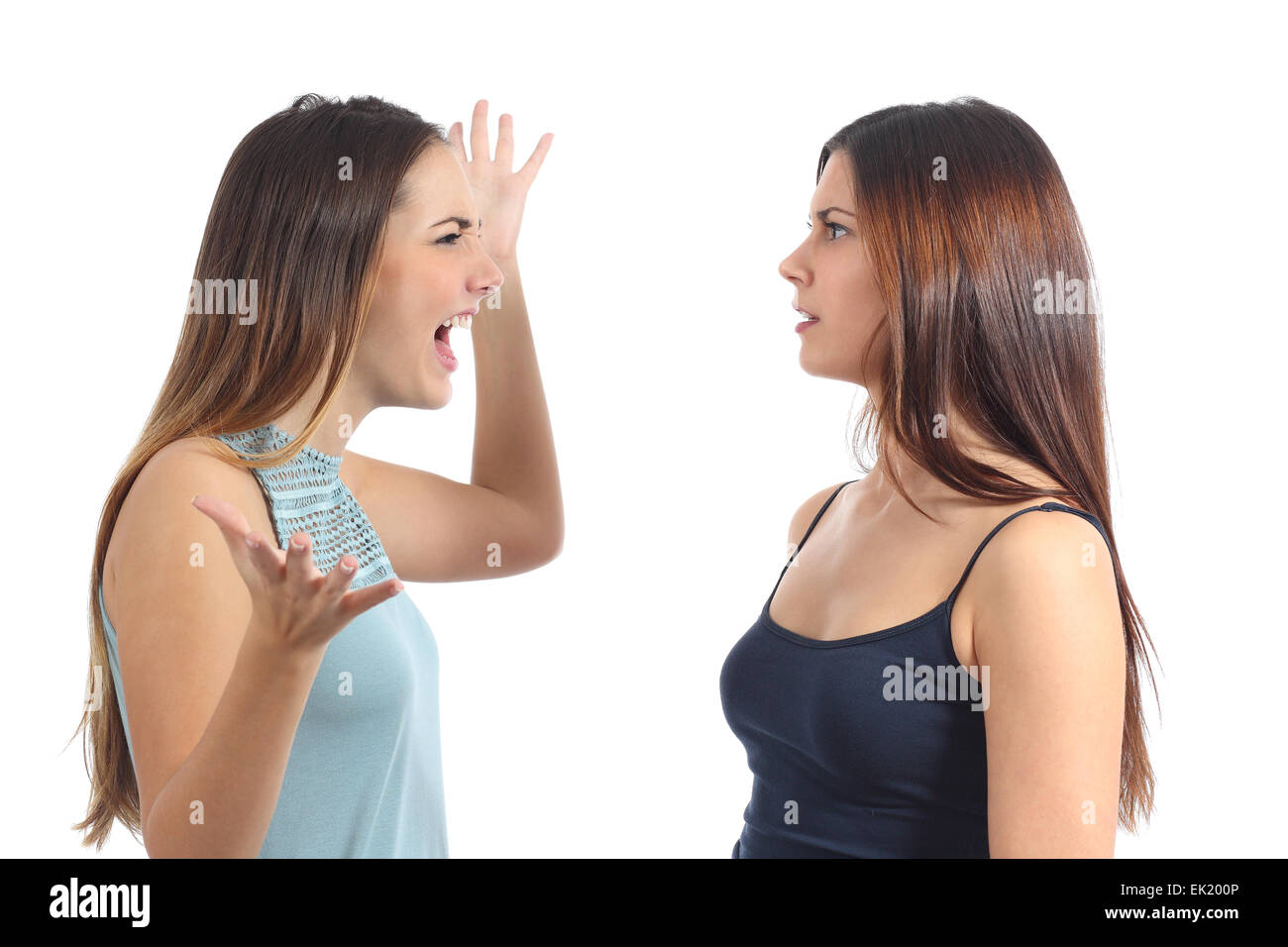 Vorderansicht einer Angst Frau isoliert auf weißem Hintergrund Stockfoto