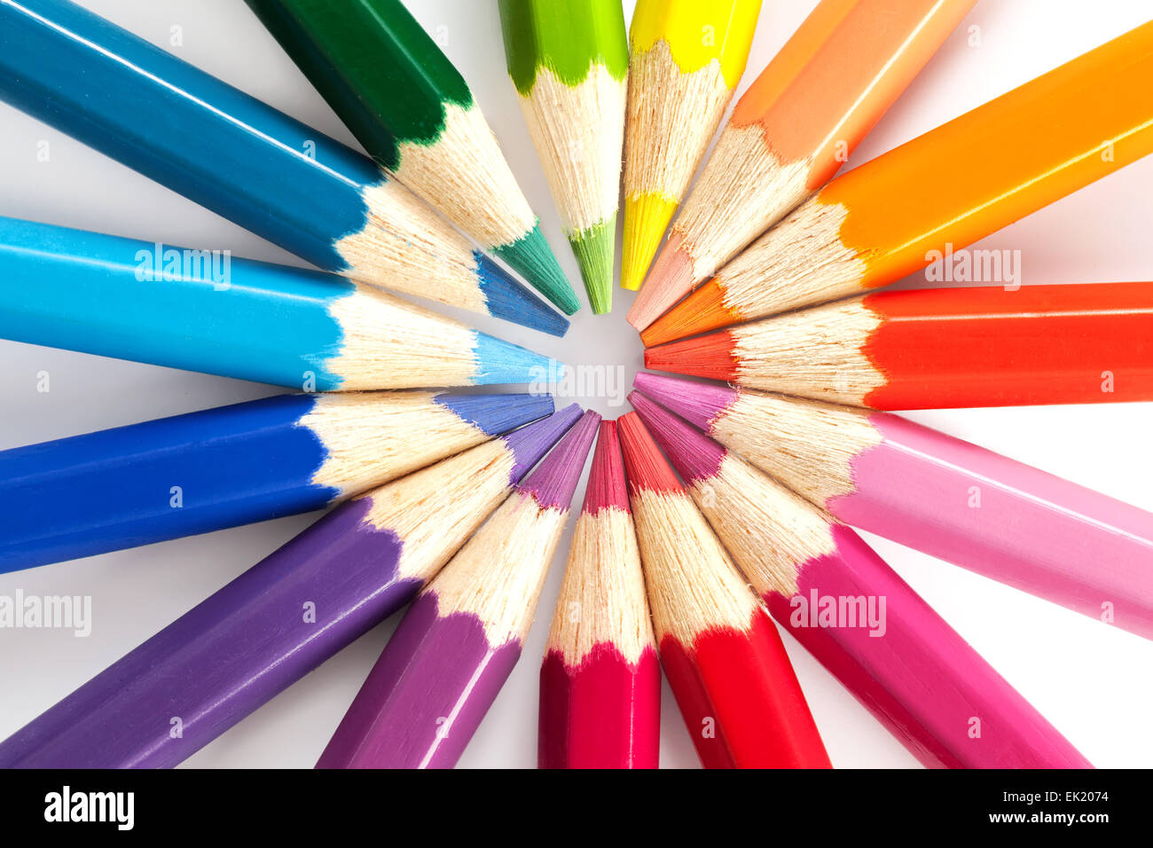Farbstiften in ordnen in Farbe Rad Farben auf weißem Hintergrund Stockfoto