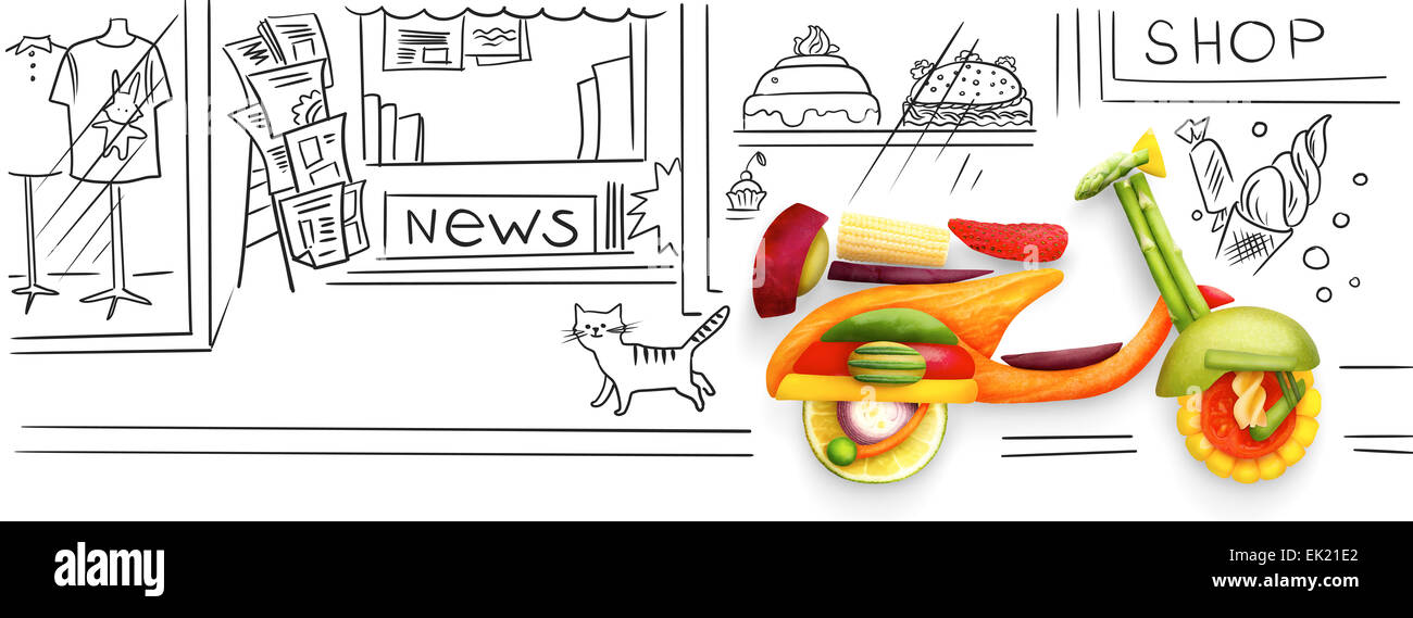 Kreative Food Konzept eines klassischen Retro-Roller Vespa für Sommer Reisen, aus Früchten und vegs, parkte auf skizzenhafte urban b Stockfoto