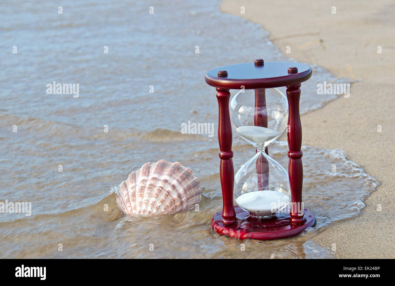 Muschel mit Sanduhr an einem Strand. Stockfoto