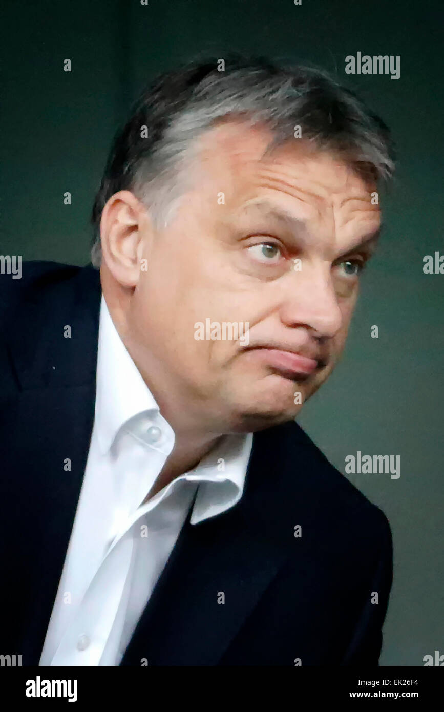 Budapest, Ungarn. 5. April 2015. Premierminister von Ungarn, Viktor Orban bei Ujpest vs Videoton OTP Bank Liga Fußball Spiel in Ferenc Szusza Stadion. Bildnachweis: Laszlo Szirtesi/Alamy Live-Nachrichten Stockfoto