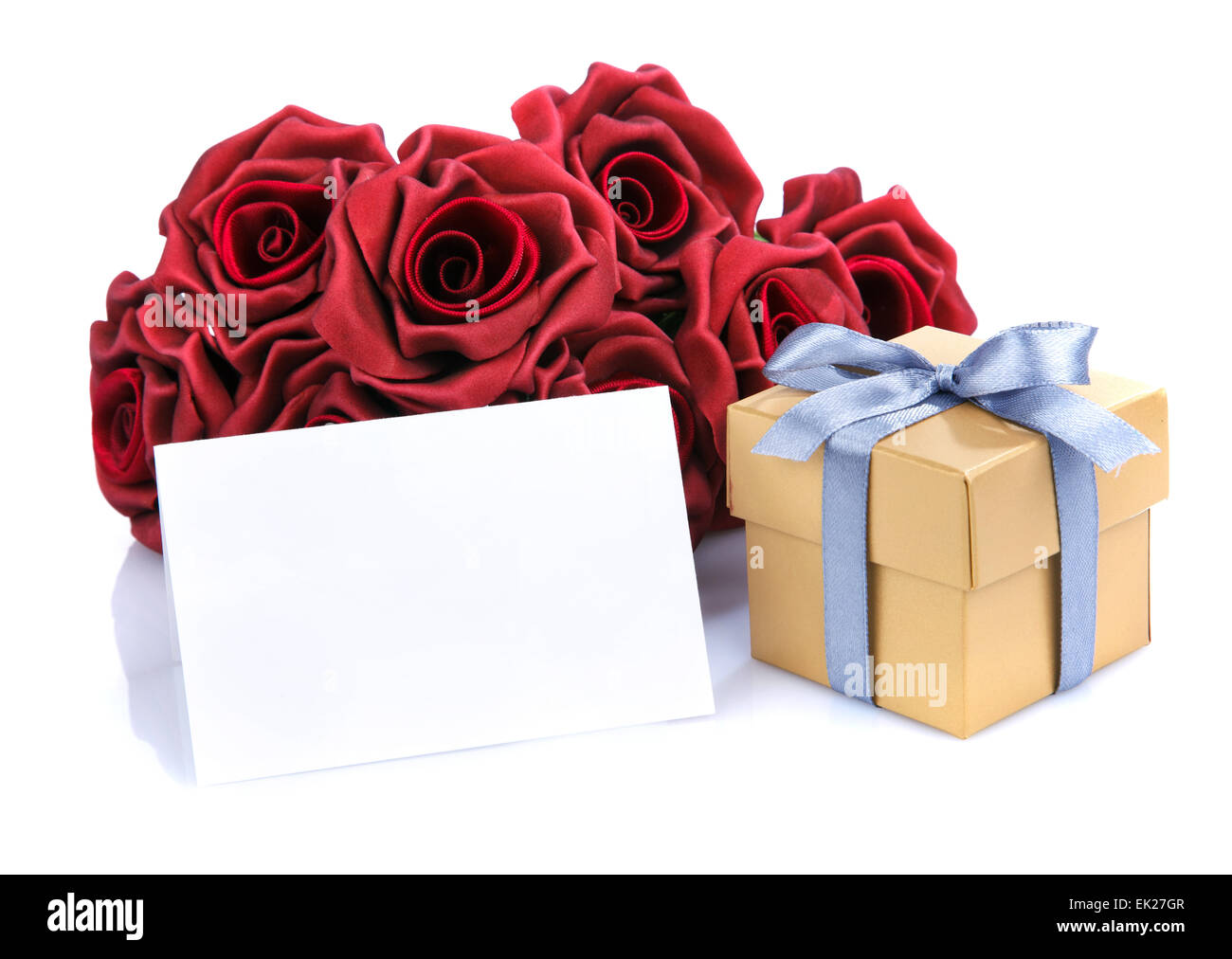 Grusskarte mit roten Blumen und Geschenk-box Stockfoto