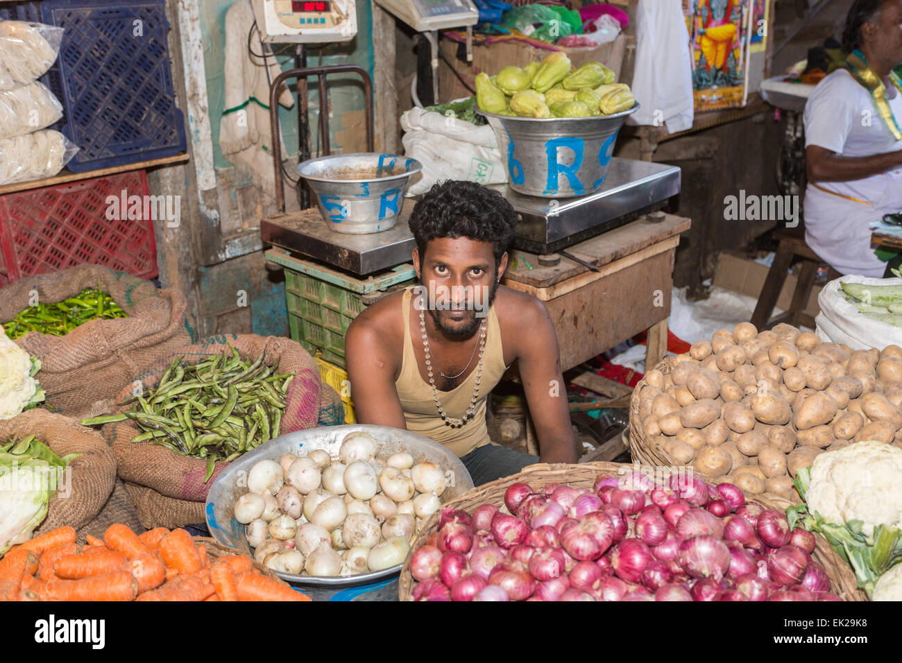 Standbesitzer Verkauf von Gemüse in der Markthalle in Pondicherry oder Puducherry, Tamil Nadu, Südindien Stockfoto