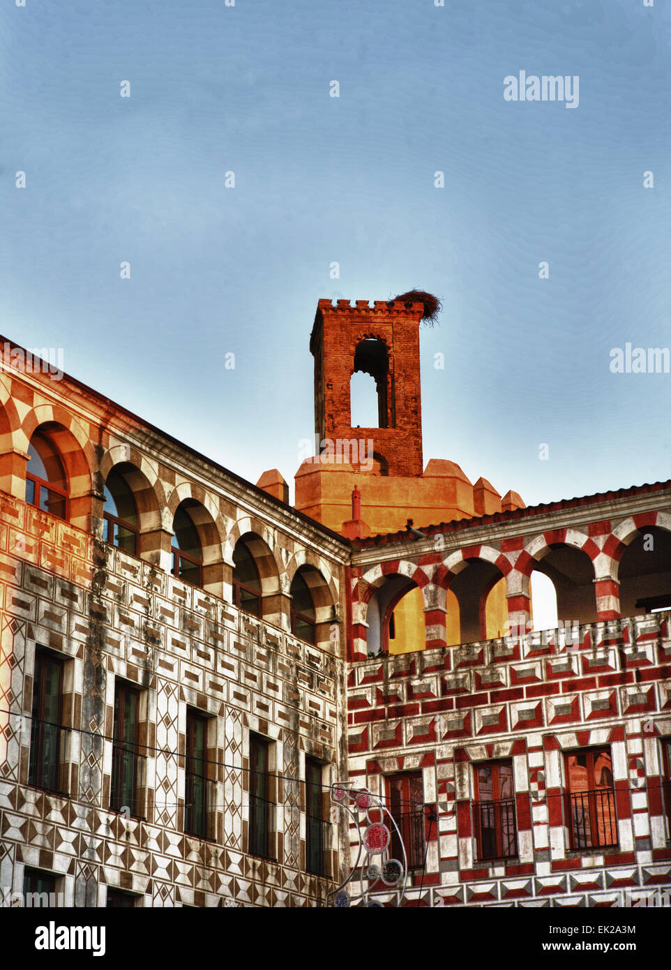 Espantaperros Turm in der Dämmerung, von hohen Platz von Badajoz, Extremadura, Spanien Stockfoto