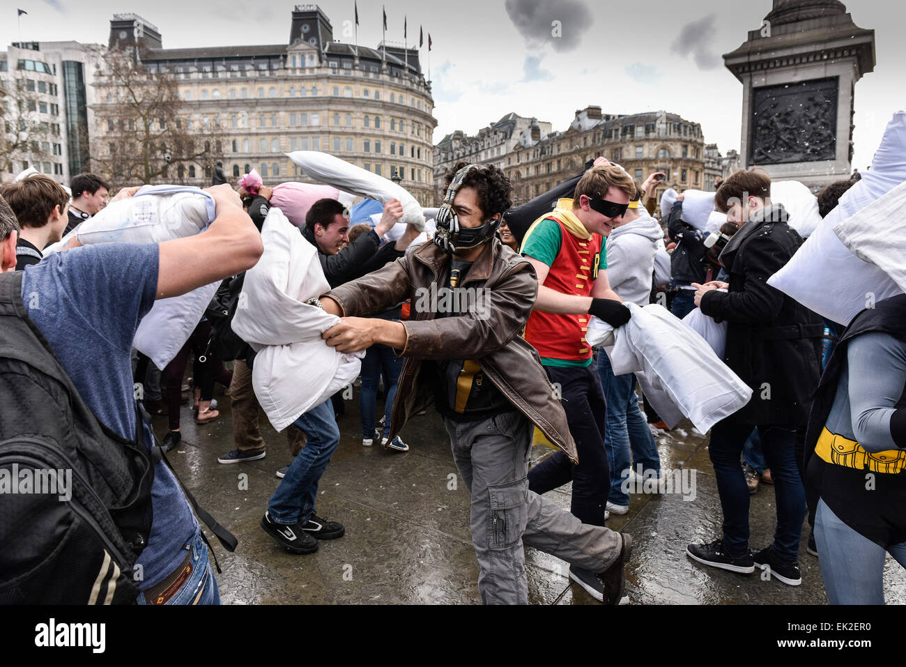Die internationale Kissen Tag in Trafalgar Square in London kämpfen. Stockfoto