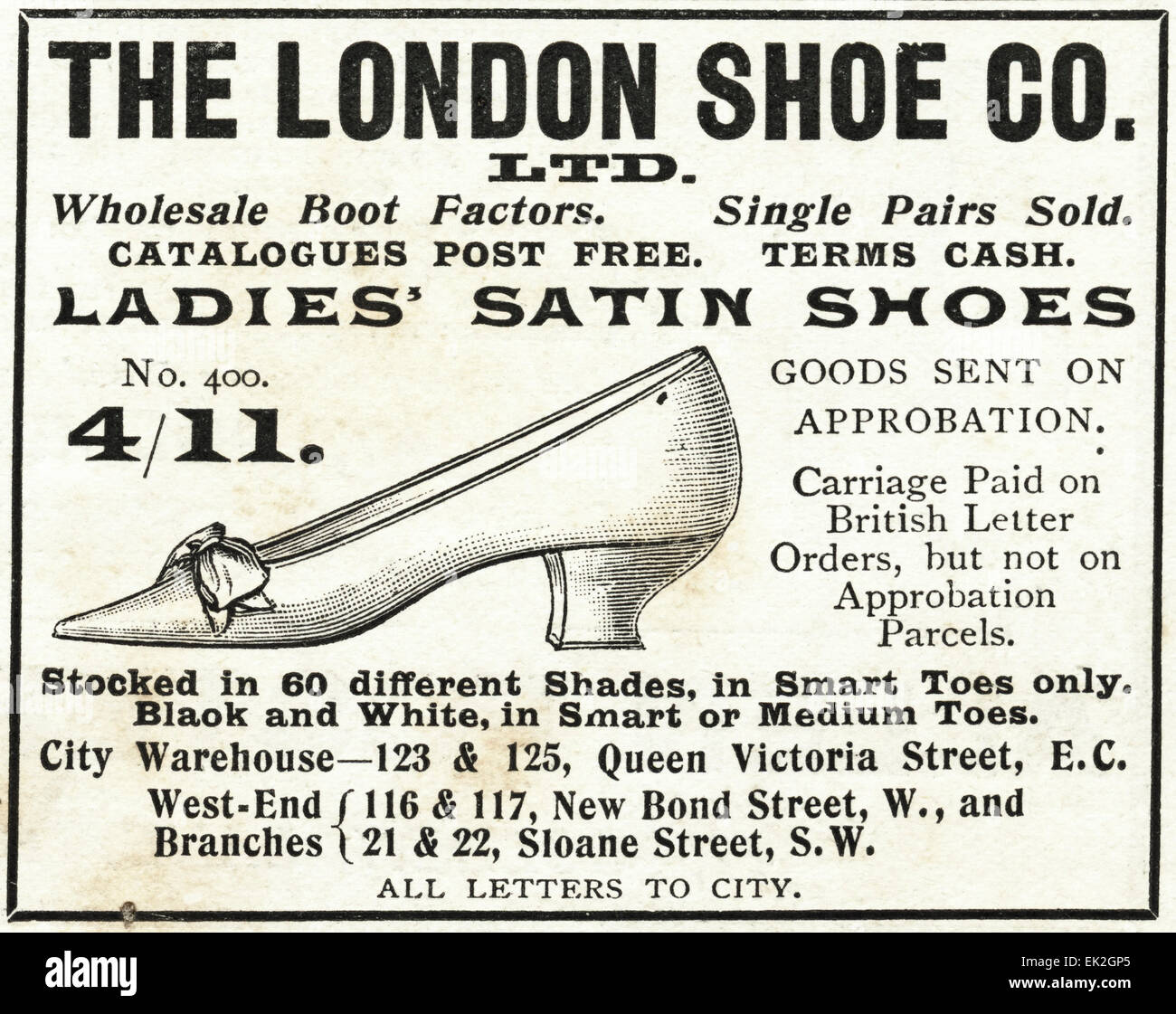 1900er Jahre viktorianischen Werbung Magazin Werbung November 1900 satin Damenschuhe von London Shoe Co Stockfoto