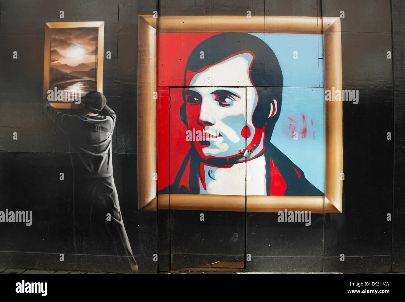 Public Art Mural einschließlich Bild des Dichters Robert Burns in Argyle Street Glasgow Stockfoto