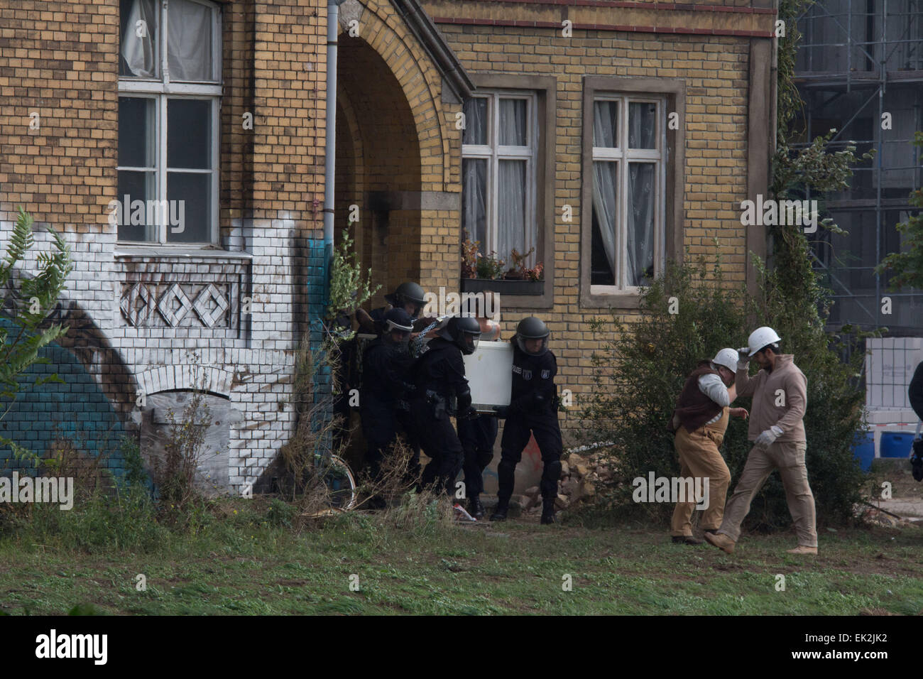 Am Set des Films "Der Nanny" in Alt-Stralau. Mitwirkende: Atmosphäre wo: Berlin, Deutschland bei: 2. Oktober 2014 Stockfoto