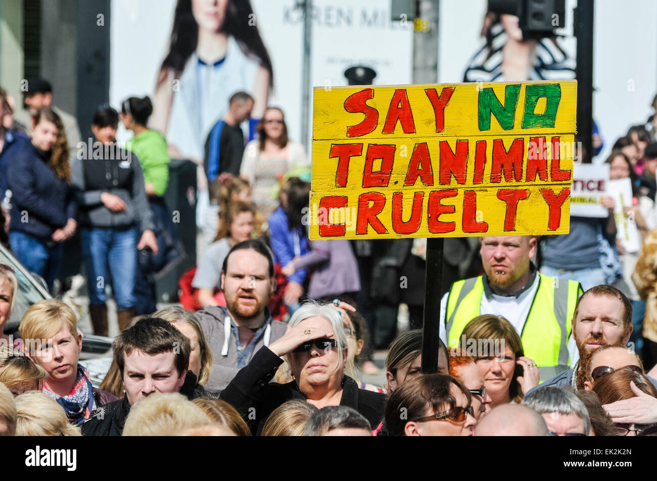 Belfast, Nordirland. 27. April 2014 - versammeln sich Hunderte von Menschen zu einer Kundgebung, die Ende der Tierquälerei und strengere Vorschriften für Täter fordert. Stockfoto