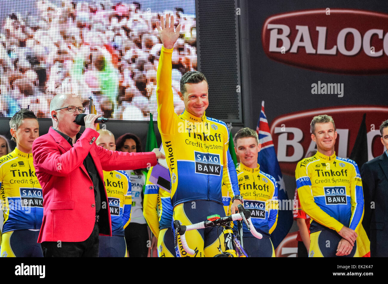 Belfast, Nordirland. 9 Mai 2014 - Stephen Roach (Team Tinkoff Saxo - Dänemark) an den Start des Giro d ' Italia Stockfoto