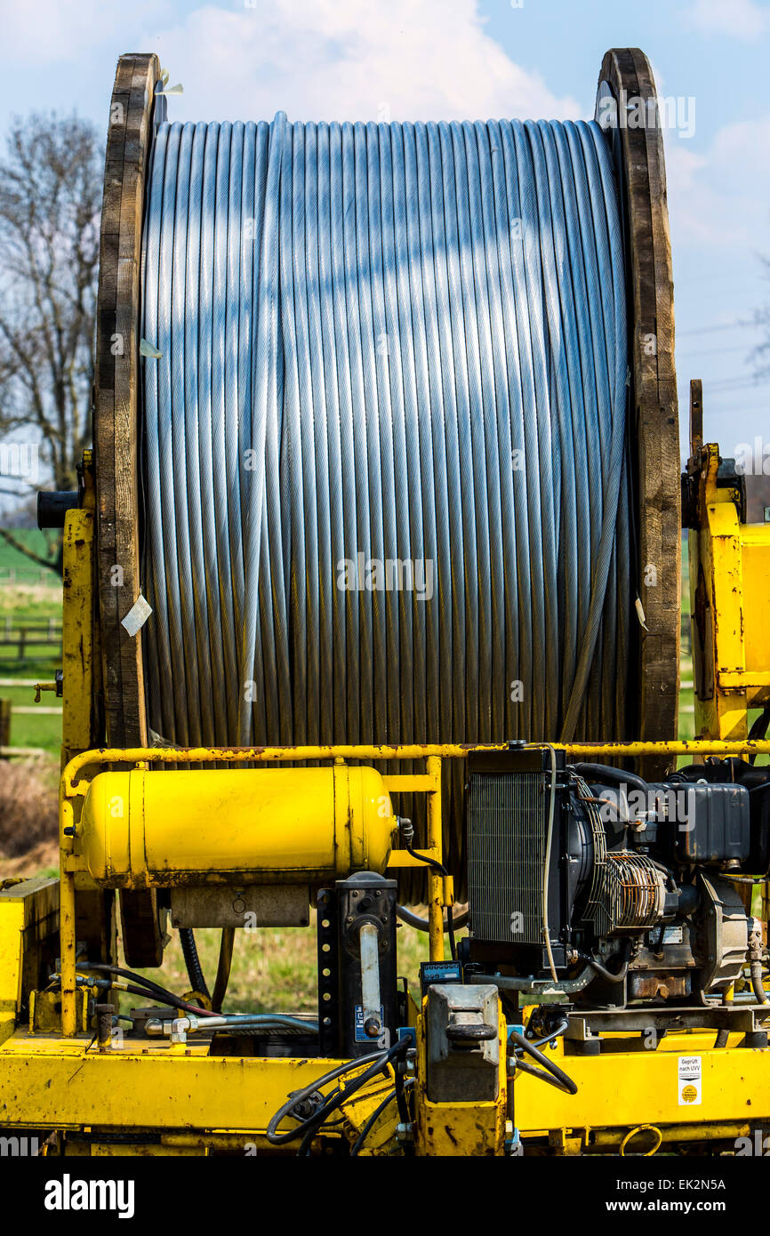 Bau der 380 kV-Freileitungen, überträgt Entwicklung für Strom aus Norddeutschland in den Süden, Kabeltrommel, Stockfoto