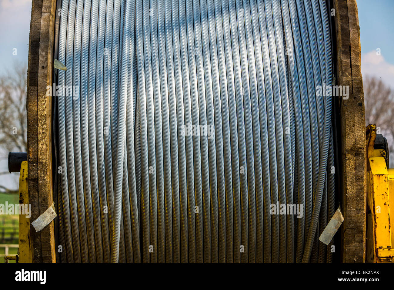 Bau der 380 kV-Freileitungen, überträgt Entwicklung für Strom aus Norddeutschland in den Süden, Kabeltrommel, Stockfoto