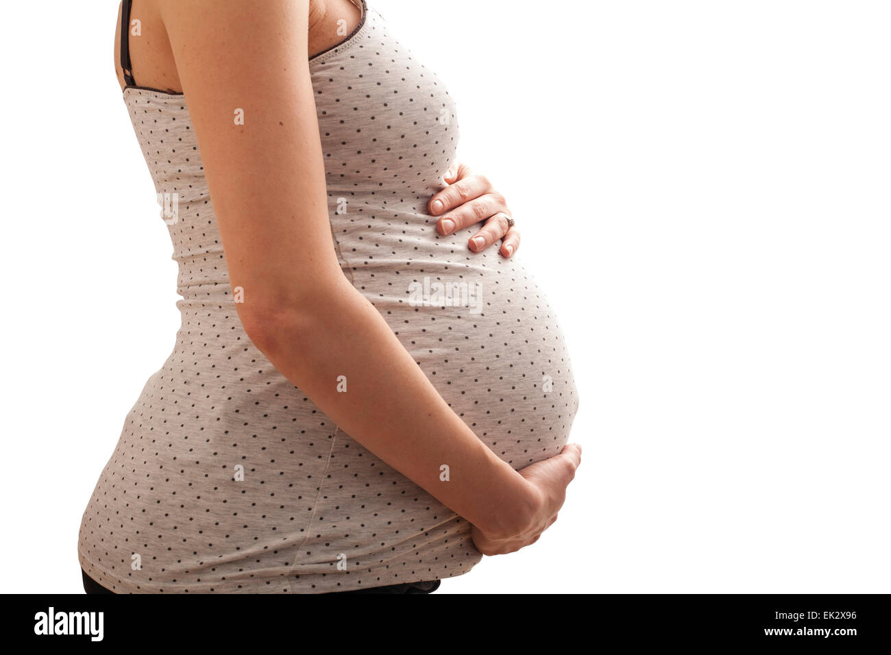 39 Jahre alte hochschwangere Frau in ihren späten 30er Jahren. Stockfoto