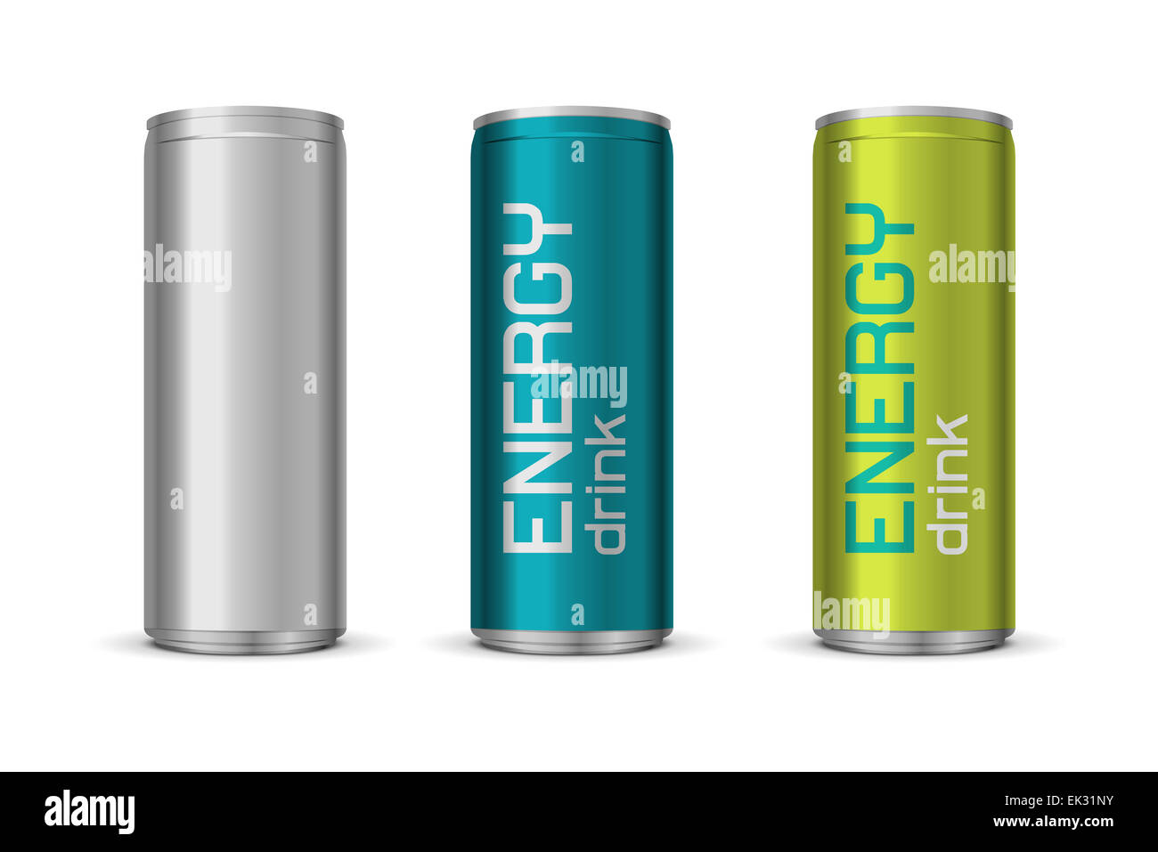 Vektor-Illustration der Energy-Drink Dosen in verschiedenen Farben, isoliert auf weißem Hintergrund Stockfoto