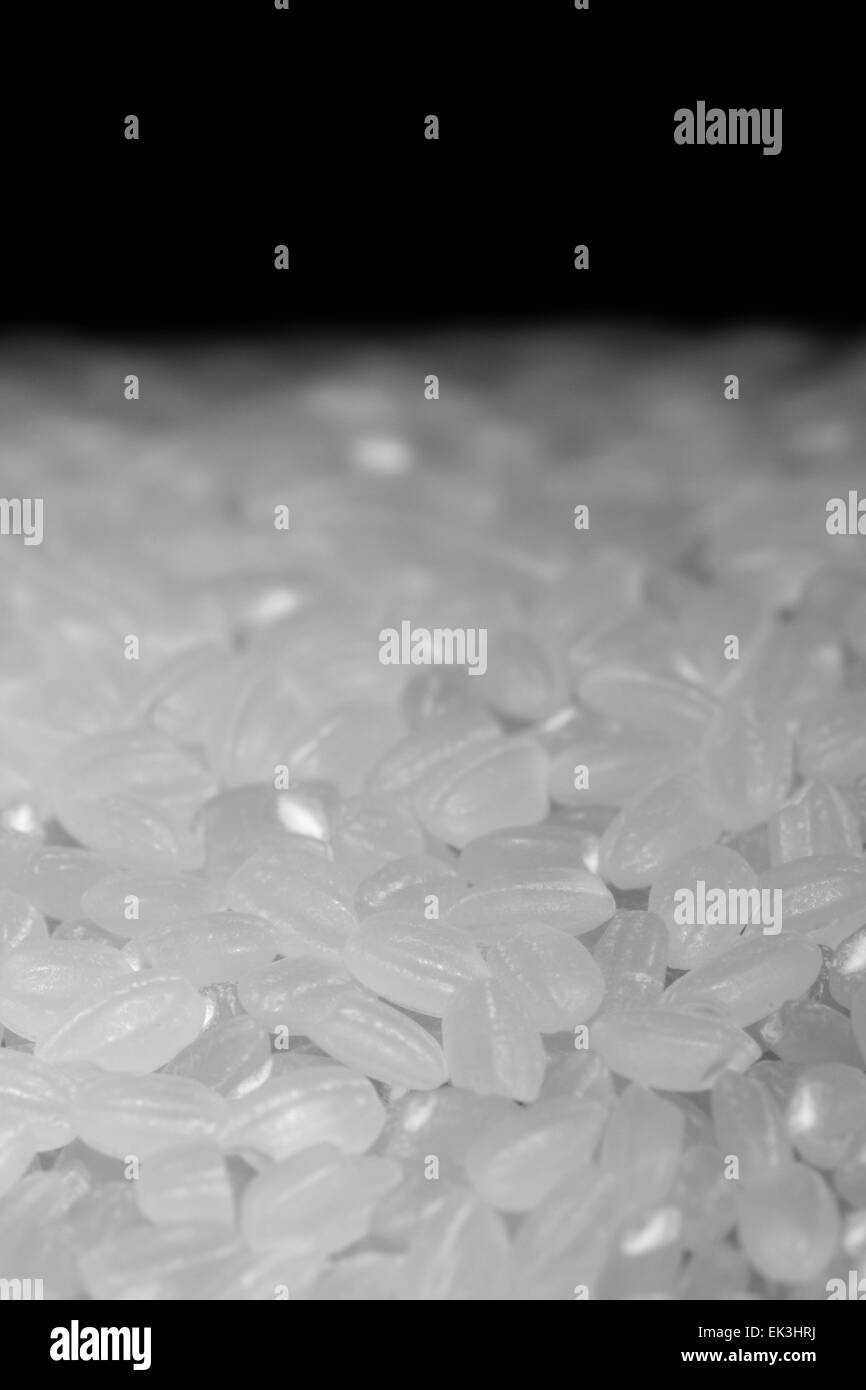 Eine Nahaufnahme von ungekochten Reis in einen schwarzen Hintergrund verblassen. Stockfoto