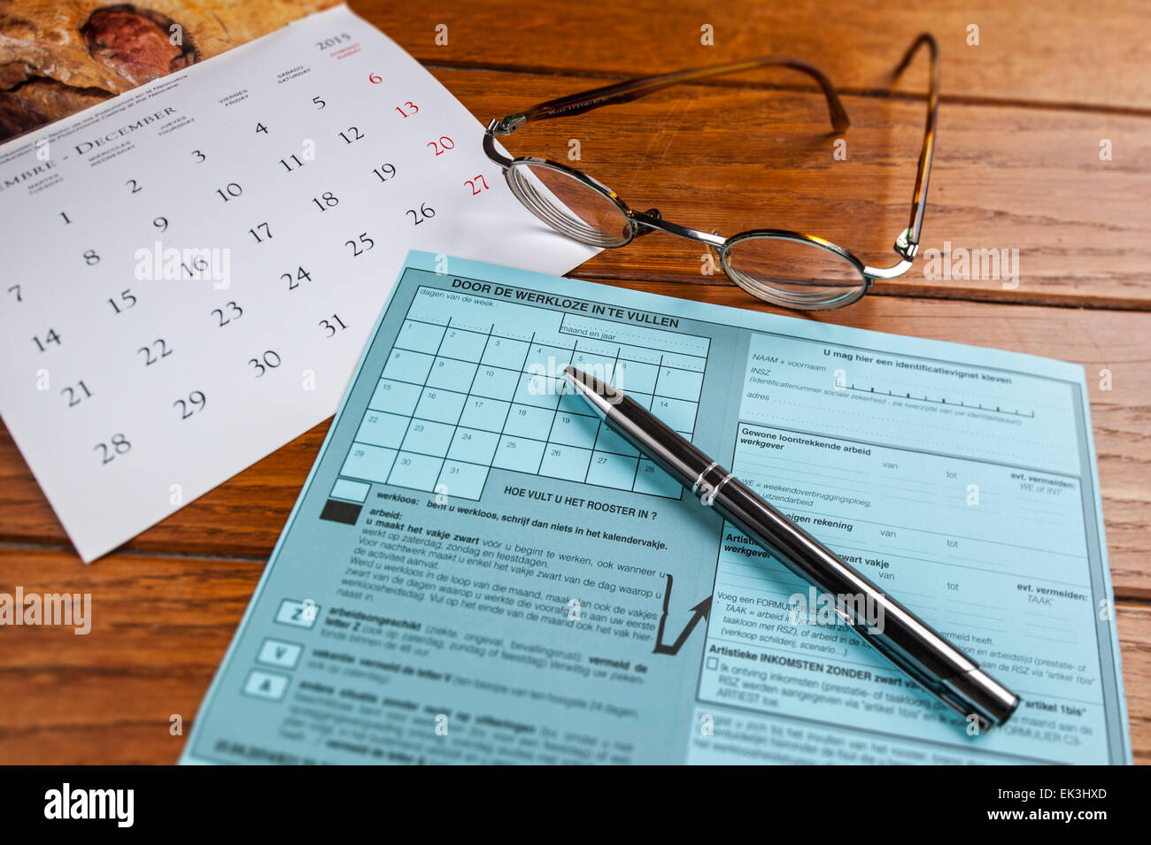 Flämische belgischen C3A Arbeitslosigkeit Steuerkarte für arbeitslose Menschen in Belgien und Kalender Stockfoto