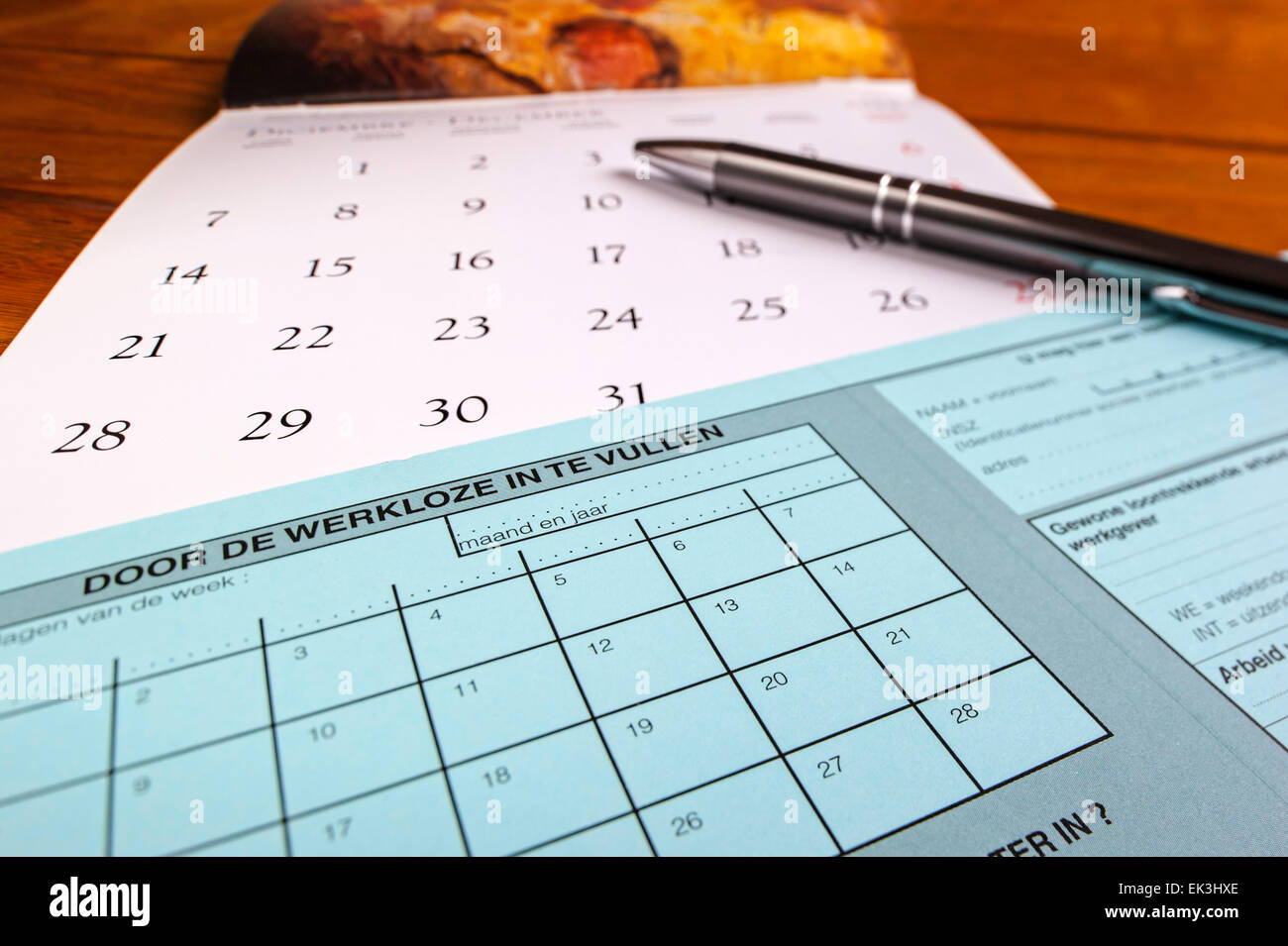 Flämische belgischen C3A Arbeitslosigkeit Steuerkarte für arbeitslose Menschen in Belgien und Kalender Stockfoto
