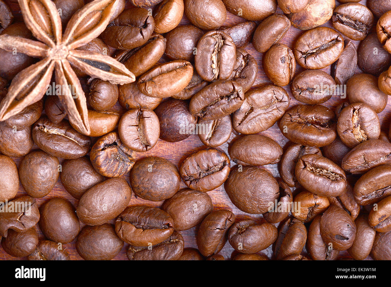 Schoko-Muffin, Kaffeebohnen, Zimt, Sternanis auf Entlassung Hintergrund. Stockfoto