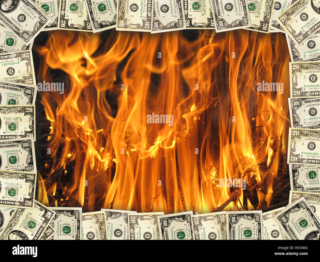 Rahmen von US-Dollar auf dem Hintergrund der Flamme Stockfoto