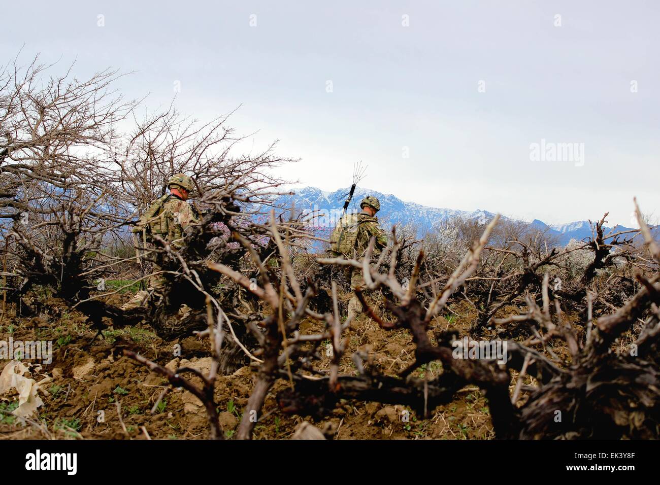 US-Armeesoldaten mit Task Force Eisen, patrouillieren ein Dorf in Bagram Airfield 24. März 2015 in Parwan Provinz, Afghanistan. Stockfoto