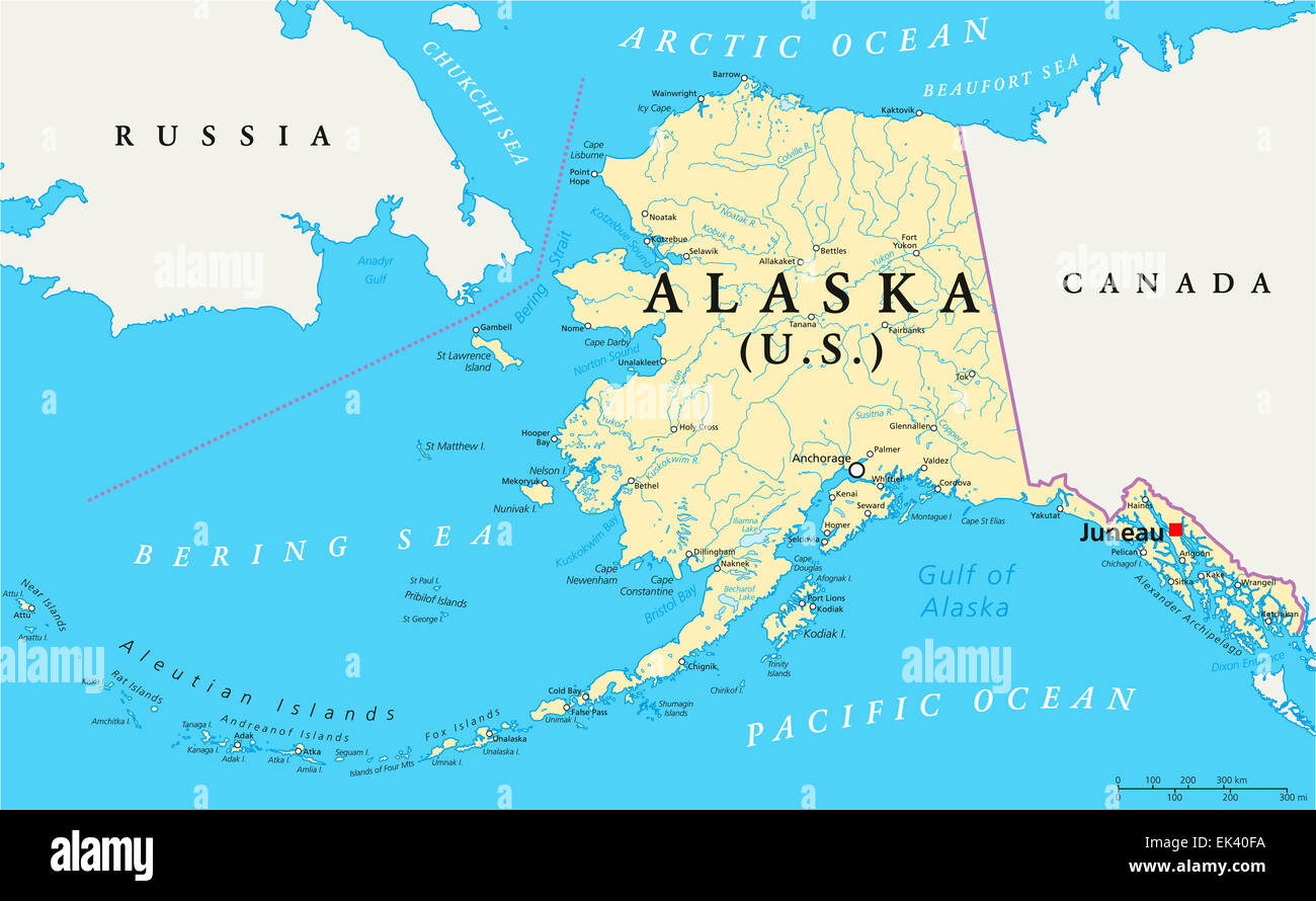 US-Staat Alaska politische Karte mit Hauptstadt Juneau, Landesgrenzen, wichtige Städte, Flüsse und Seen. Englisch beschriften. Stockfoto