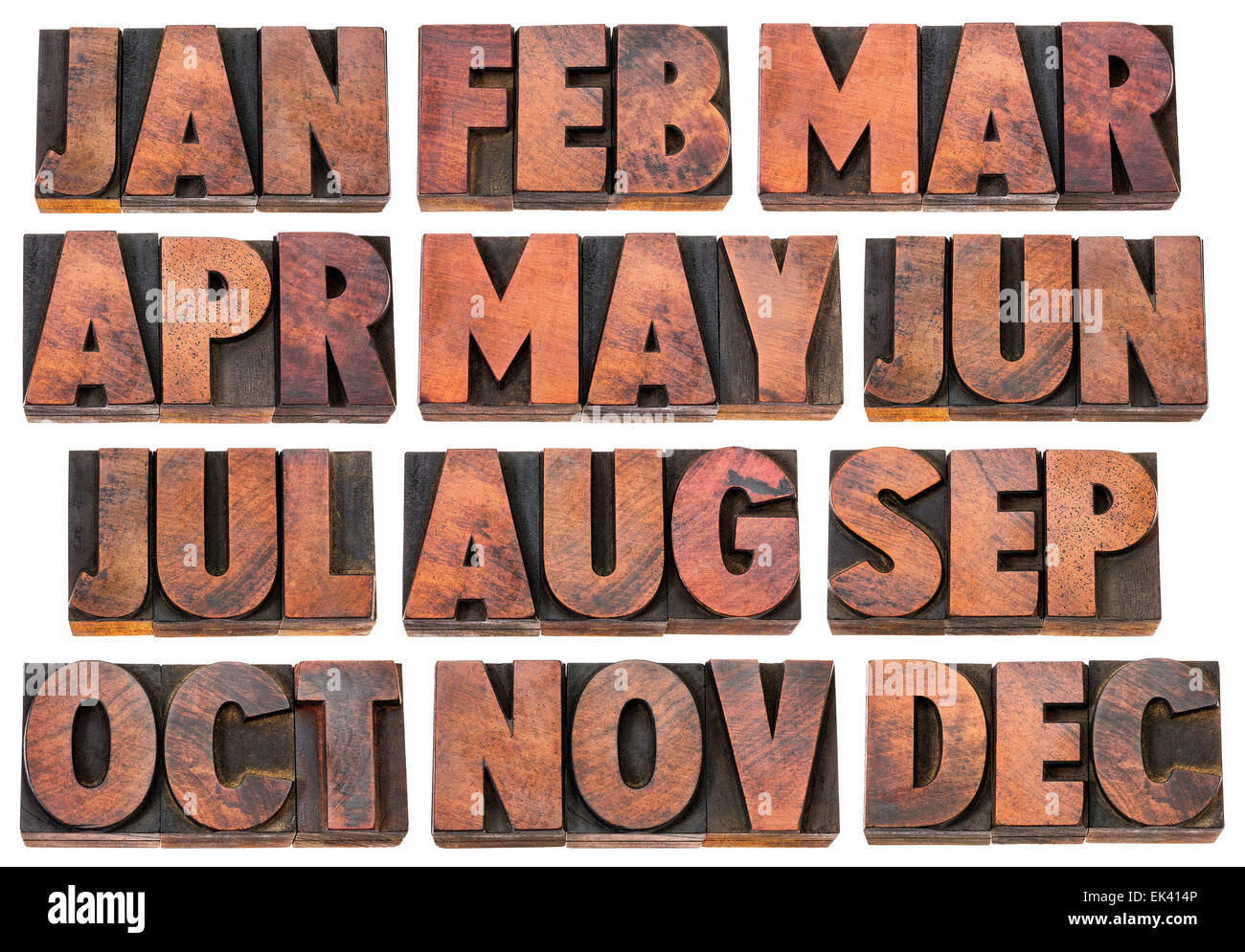 12 Monate von Januar bis Dezember - eine Collage aus isolierten 3-Buchstaben-Symbole in Vintage Buchdruck Holz geben Sie Blöcke Stockfoto