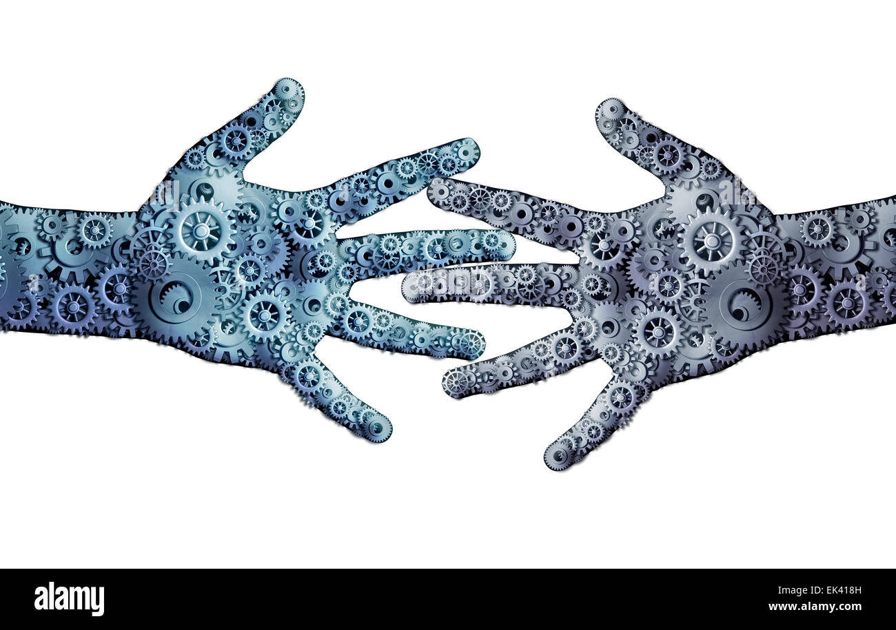 Geschäftskonzept Teamarbeit als eine Gruppe von mechanischen Getriebe und Zahnräder arbeiten zwei offene Menschenhand als Symbol für c Wattierung Stockfoto