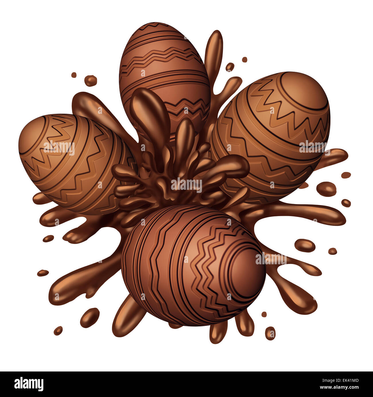 Schokoladen-Ei Spritzen als Ostereier köstlich süßen Zutaten planschen im braunen Flüssigkeit Süßwaren Süßigkeiten als festlichen Spaß Frühjahr Nahrung Symbol. Stockfoto