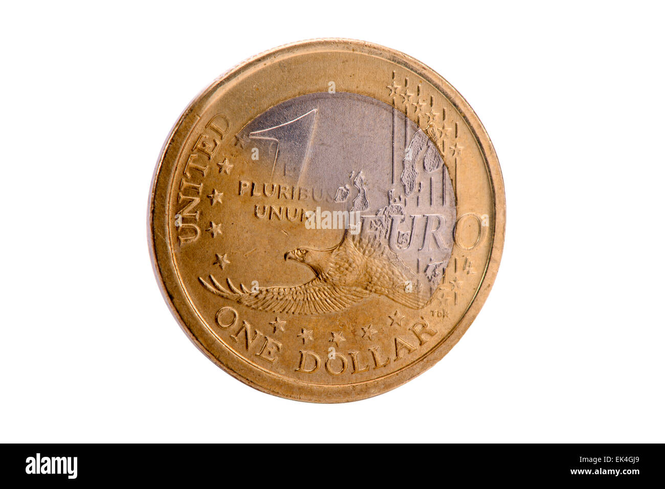 Euro und Dollar Münze in einer Collage. Stockfoto