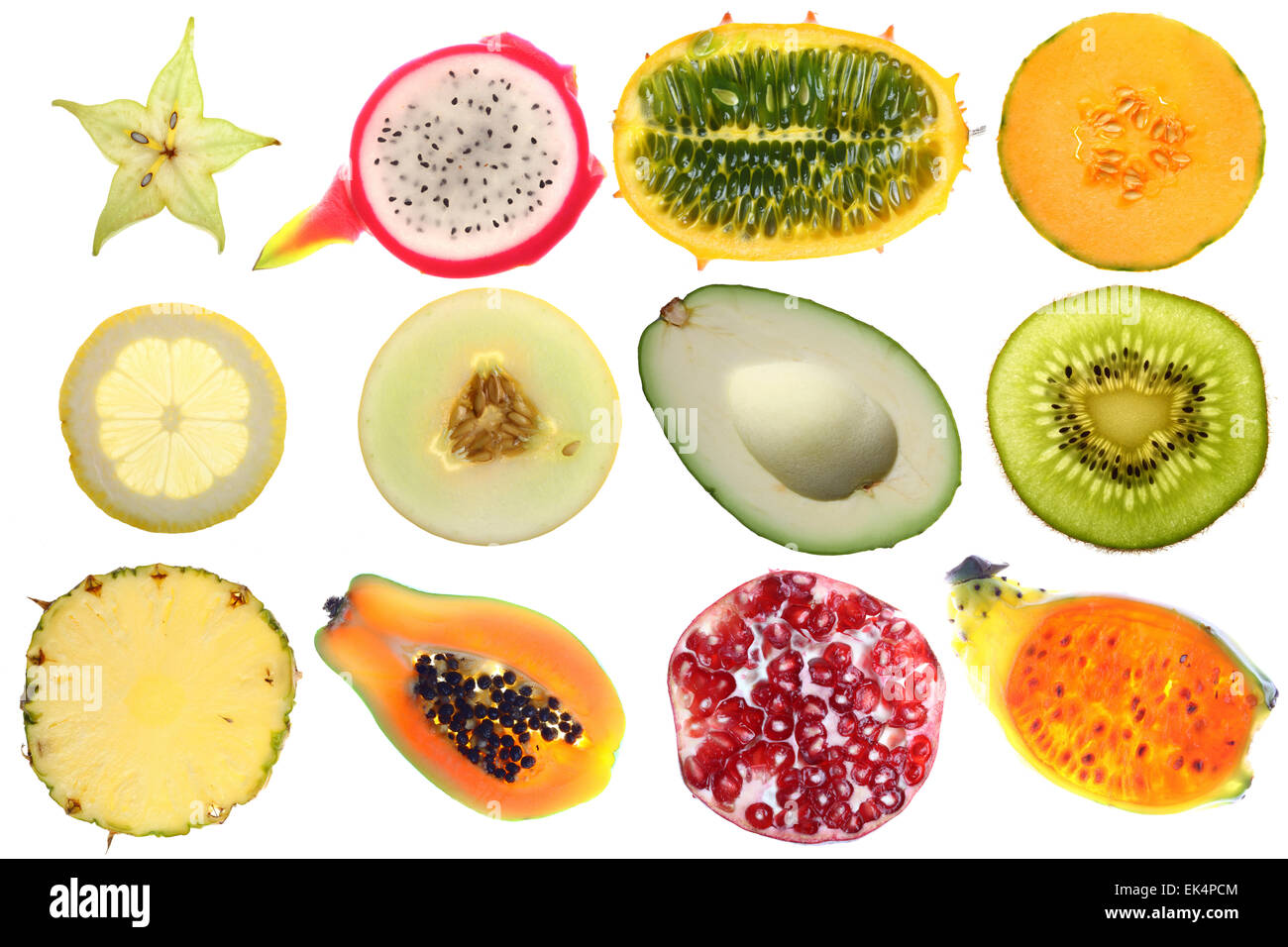 Verschiedene tropische Früchte und exotische Früchte, Zitrone, Kiwi, Mango, Papaya, Avocado, Stachelige Birne, Granatapfel, Grapefruit, Stockfoto