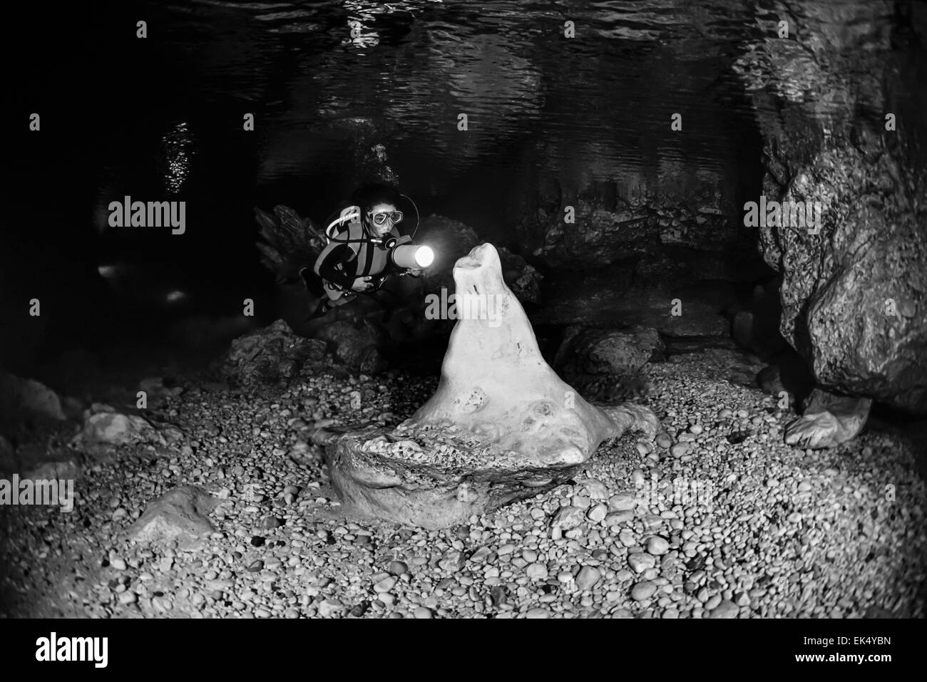 Italien, Kampanien, Marina di Camerota (Provinz Salerno), Höhlentauchen, Alabaster-Höhle - FILM Scannen Stockfoto
