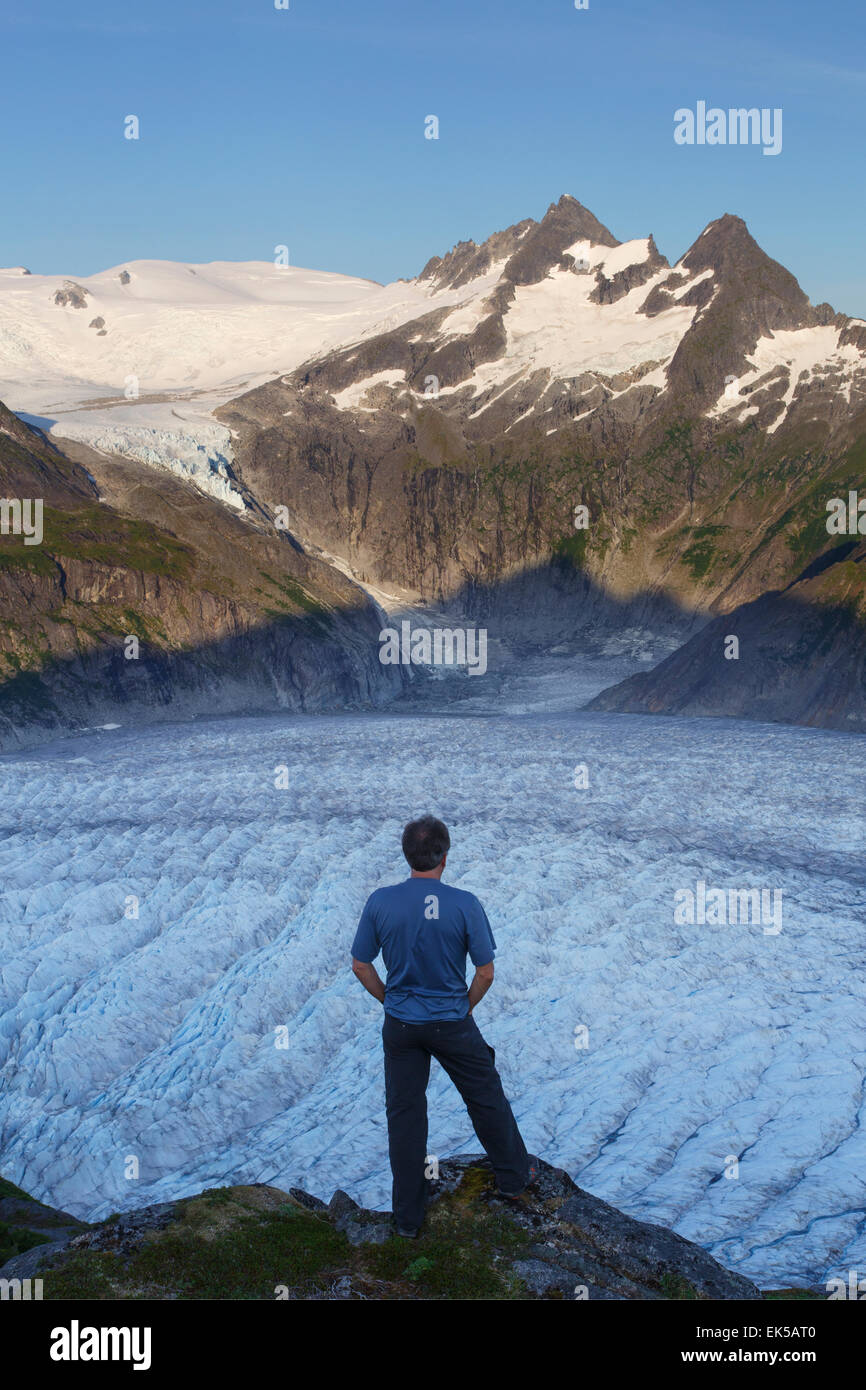 Ein Wanderer auf Mount Kinderwagen White oberhalb der Tongass National Forest, Mendenhall Gletscher Alaskas. (Modell freigegeben) Stockfoto