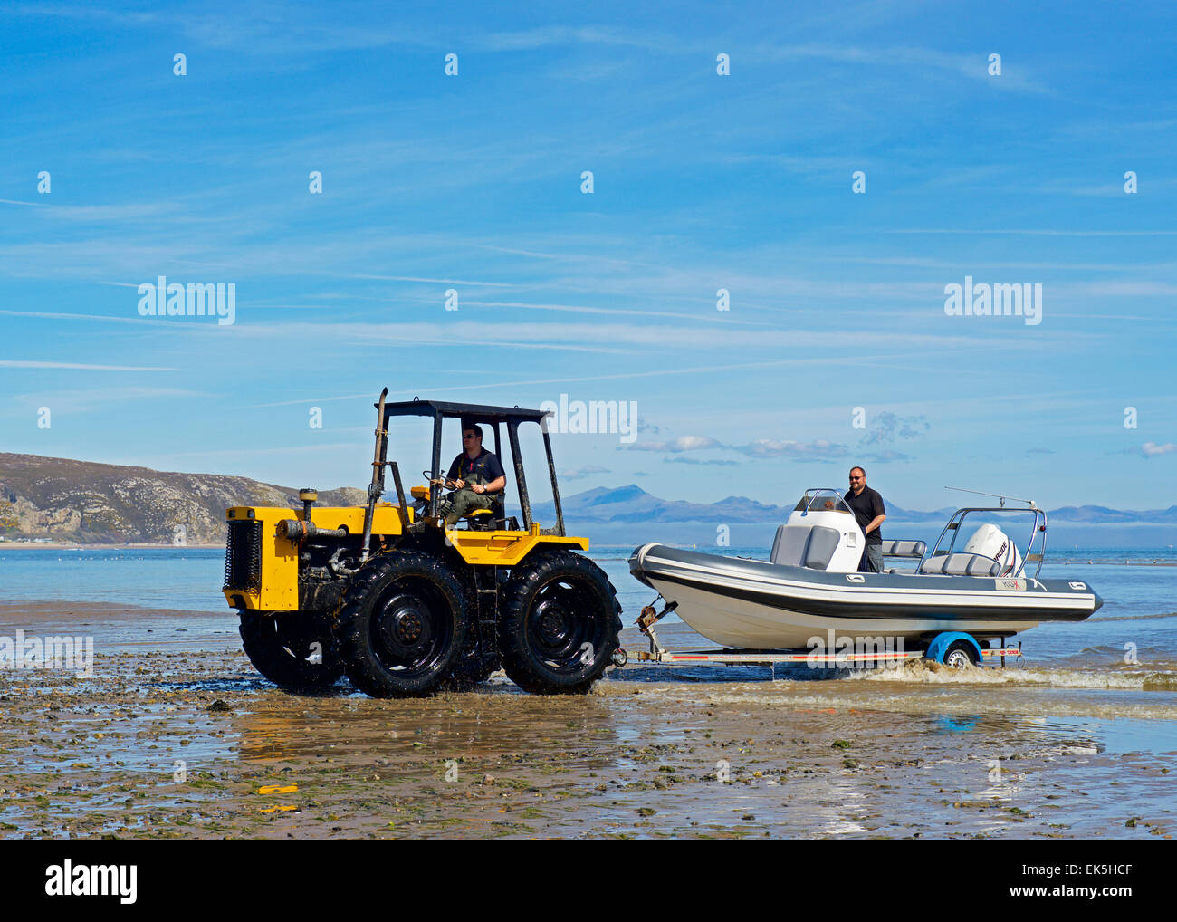 Traktor zieht Schnellboot aus dem Meer auf einem Anhänger, Abersoch, Gwynedd, North Wales, UK Stockfoto