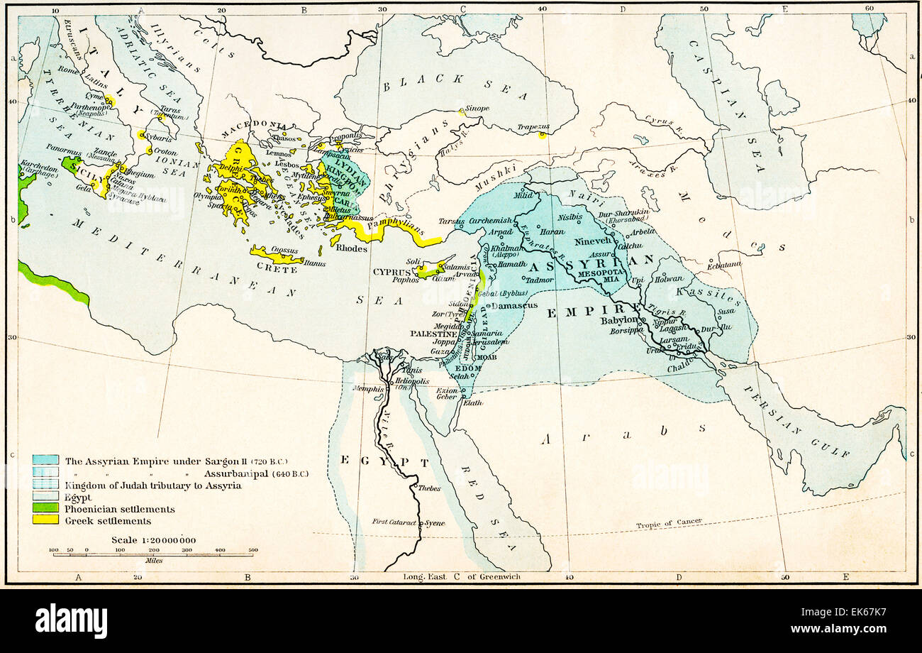 Karte von dem assyrischen reich und die Region rund um das östliche Mittelmeer, 750-625 v. Chr. Stockfoto