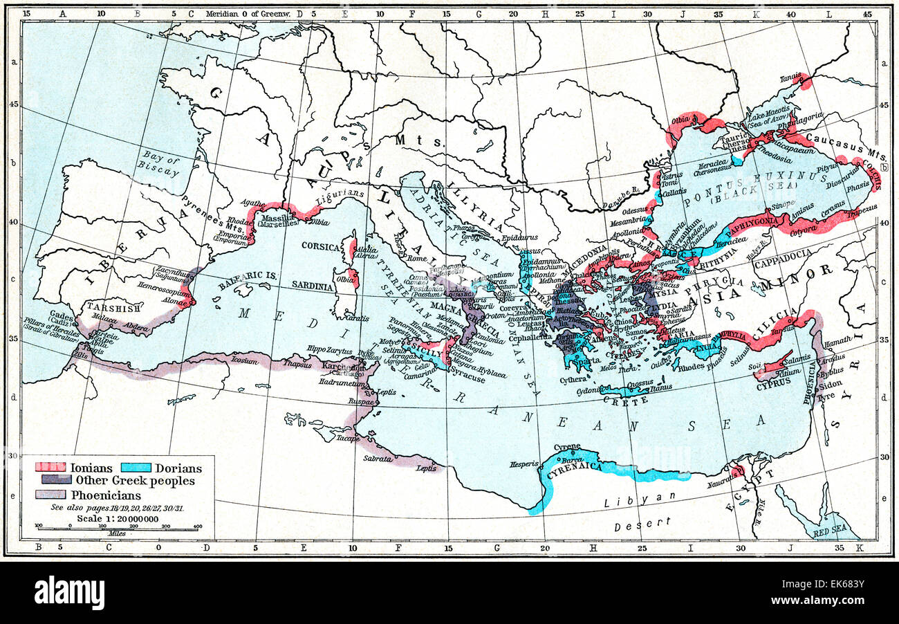 Karte von griechischen und phönizischen Siedlungen in den Mittelmeerraum c.550 b.c. Stockfoto