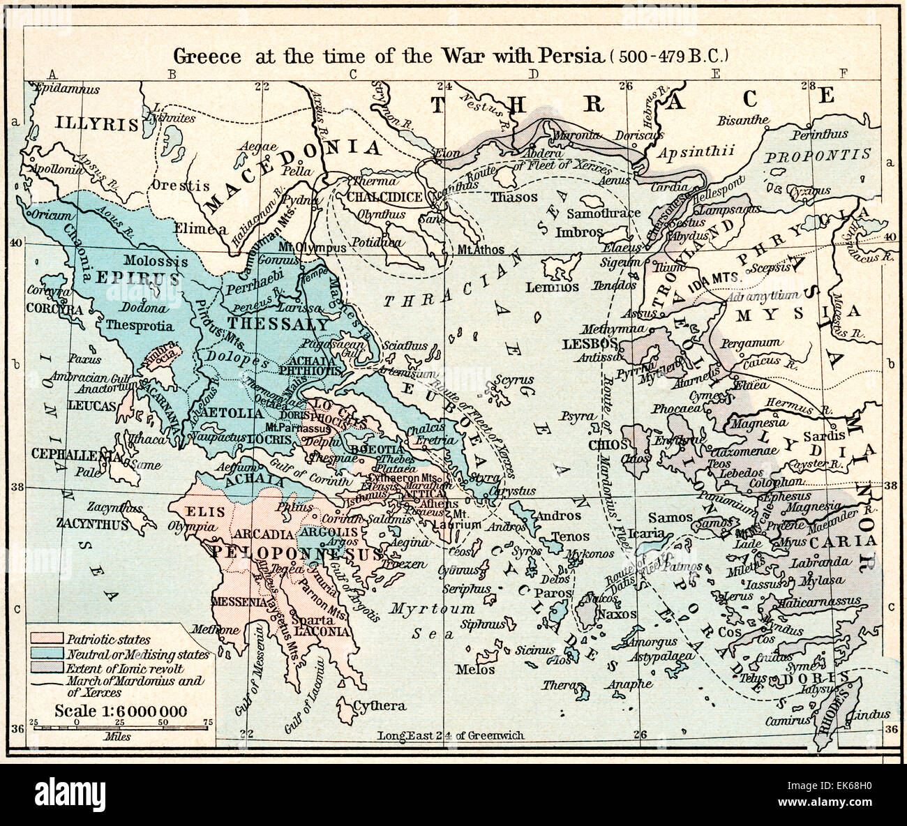 Karte von Griechenland zur Zeit des Krieges mit Persien, 500-479 v. Chr.  Das Athenian Reich auf dem Höhepunkt. Stockfoto