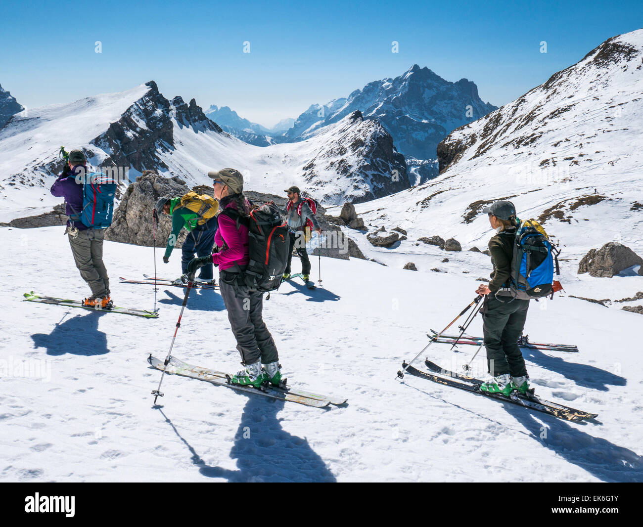 Backcountry Skifahrer, Mondeval, Dolomiten Berge, Alpen, Italien Stockfoto
