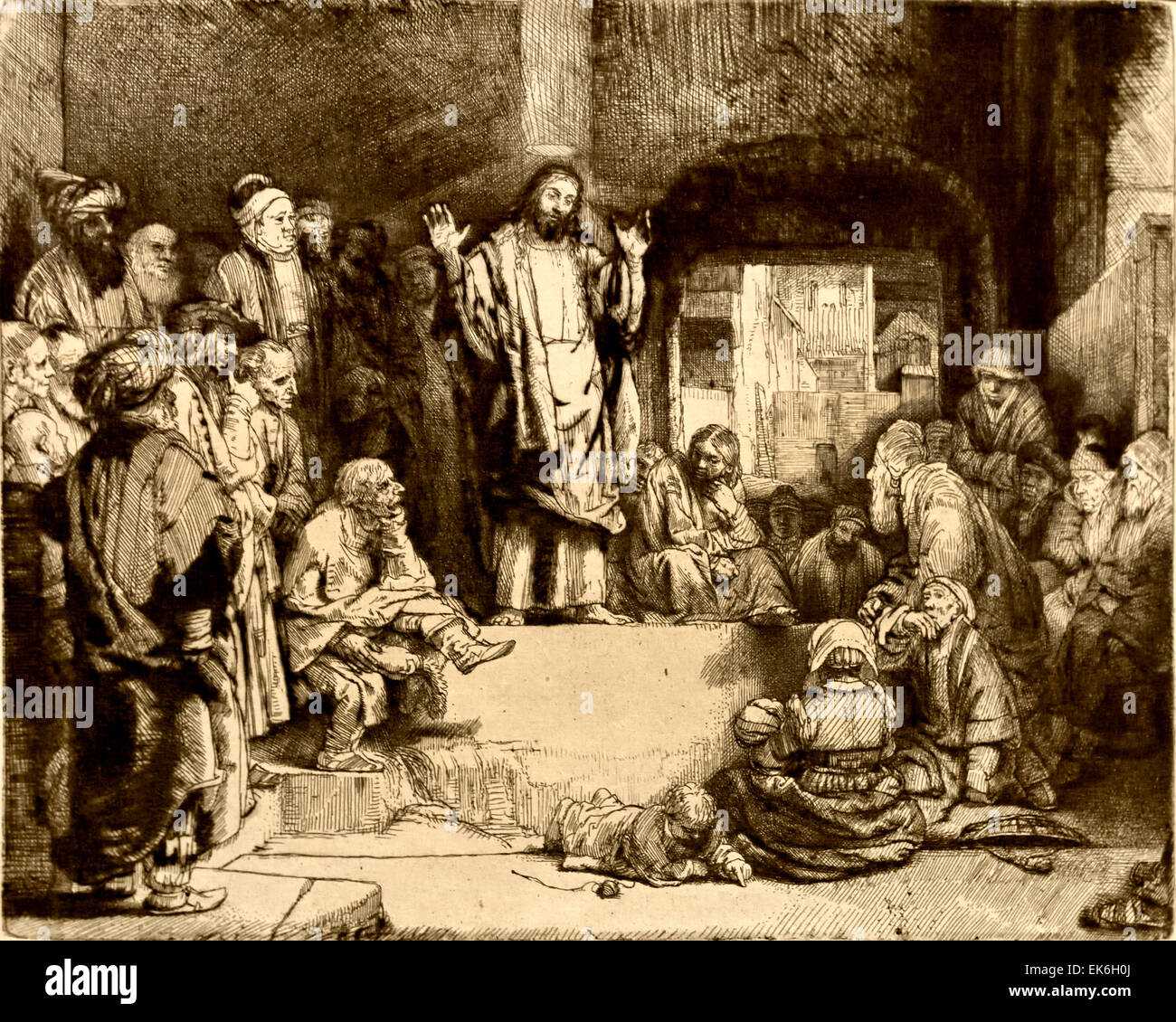 Christus Preaching1657 (La Petite Tombe) Rembrandt Harmenszoon van Rijn1606 – 1669 holländischen Niederlanden Radierung Etch Stockfoto