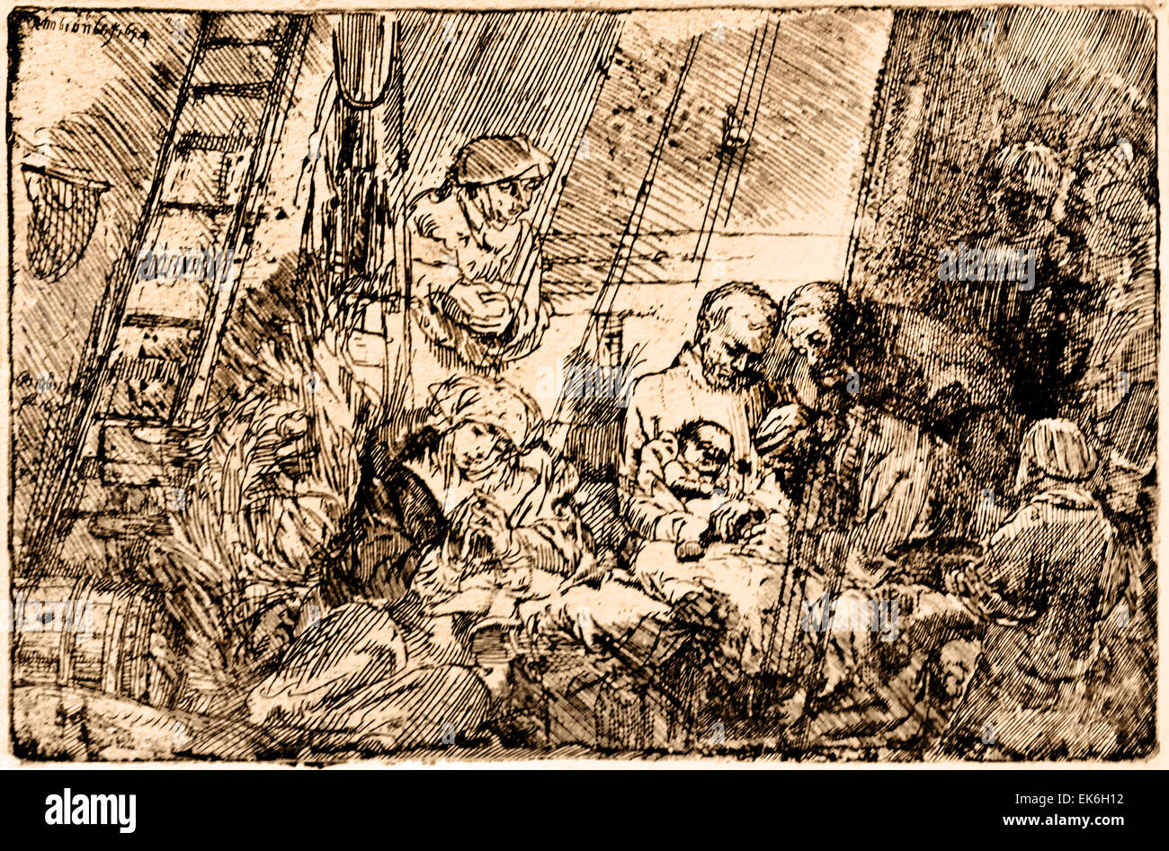 Die Beschneidung in der stabilen Rembrandt Harmenszoon van Rijn1606 – 1669 niederländischen Niederlande Radierung Etch Stockfoto