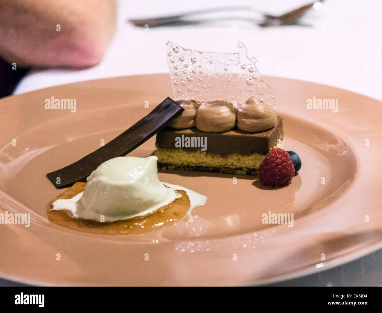 Ausgefallenen Dessert, Rifugio Fuciade, Pale di San Martino, Dolomiten, Alpen, Italien Stockfoto